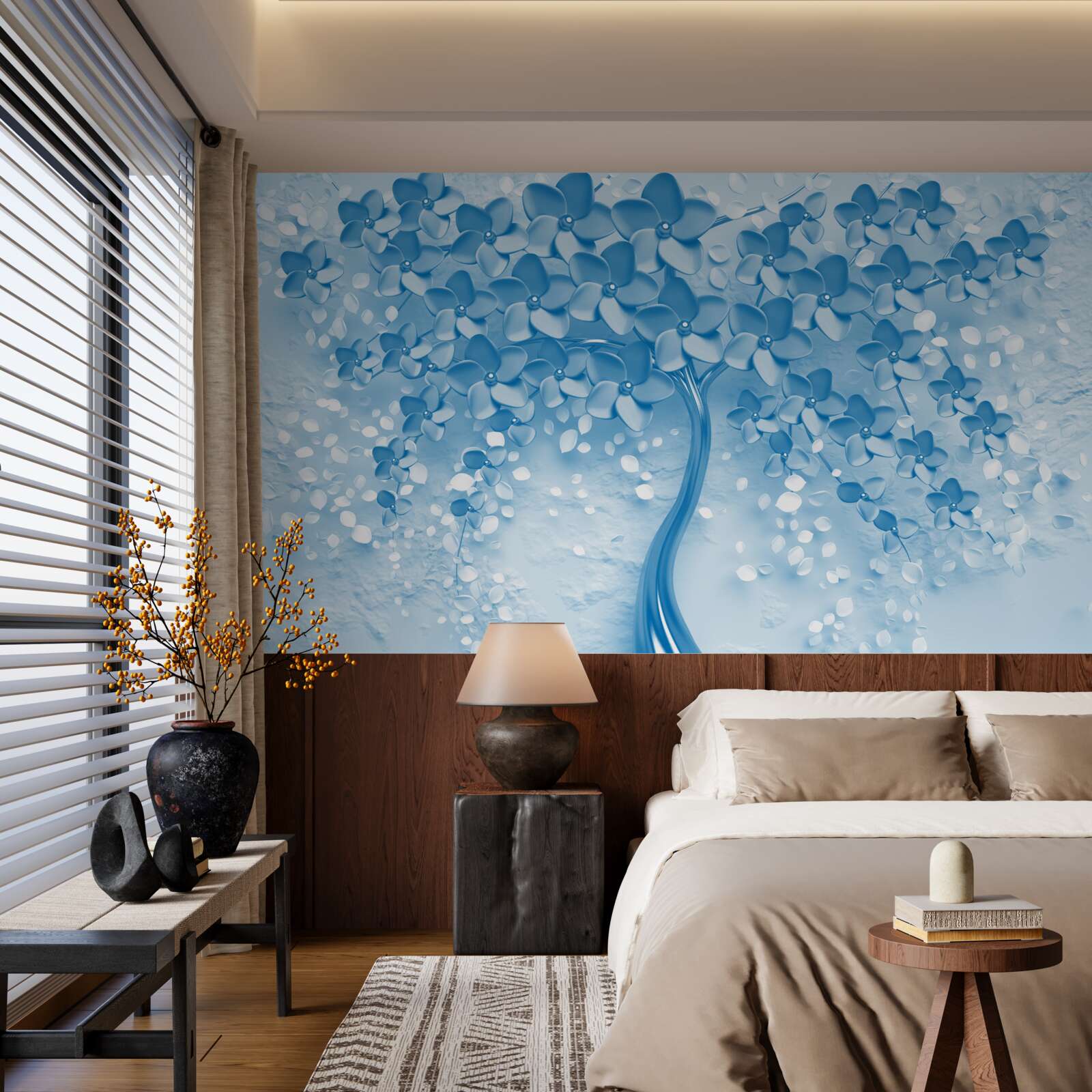 Fotobehang een grote blauwe boom met bloemen