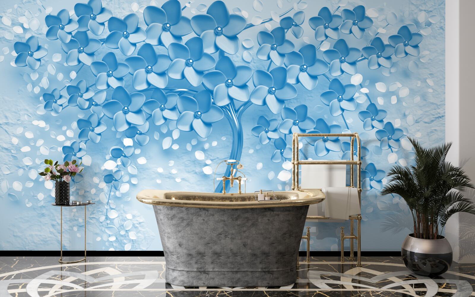 Fotobehang een grote blauwe boom met bloemen