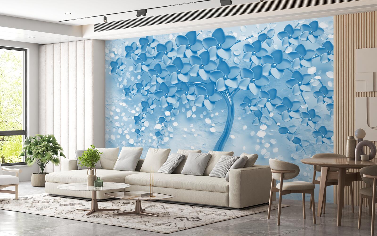 Fotobehang een grote blauwe boom met bloemen