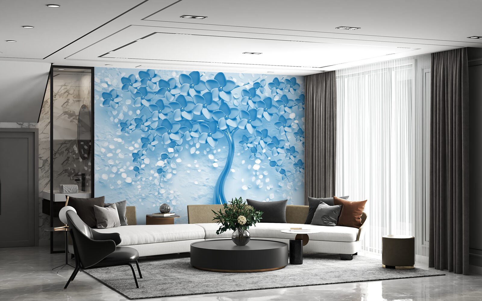 Fotobehang een grote blauwe boom met bloemen