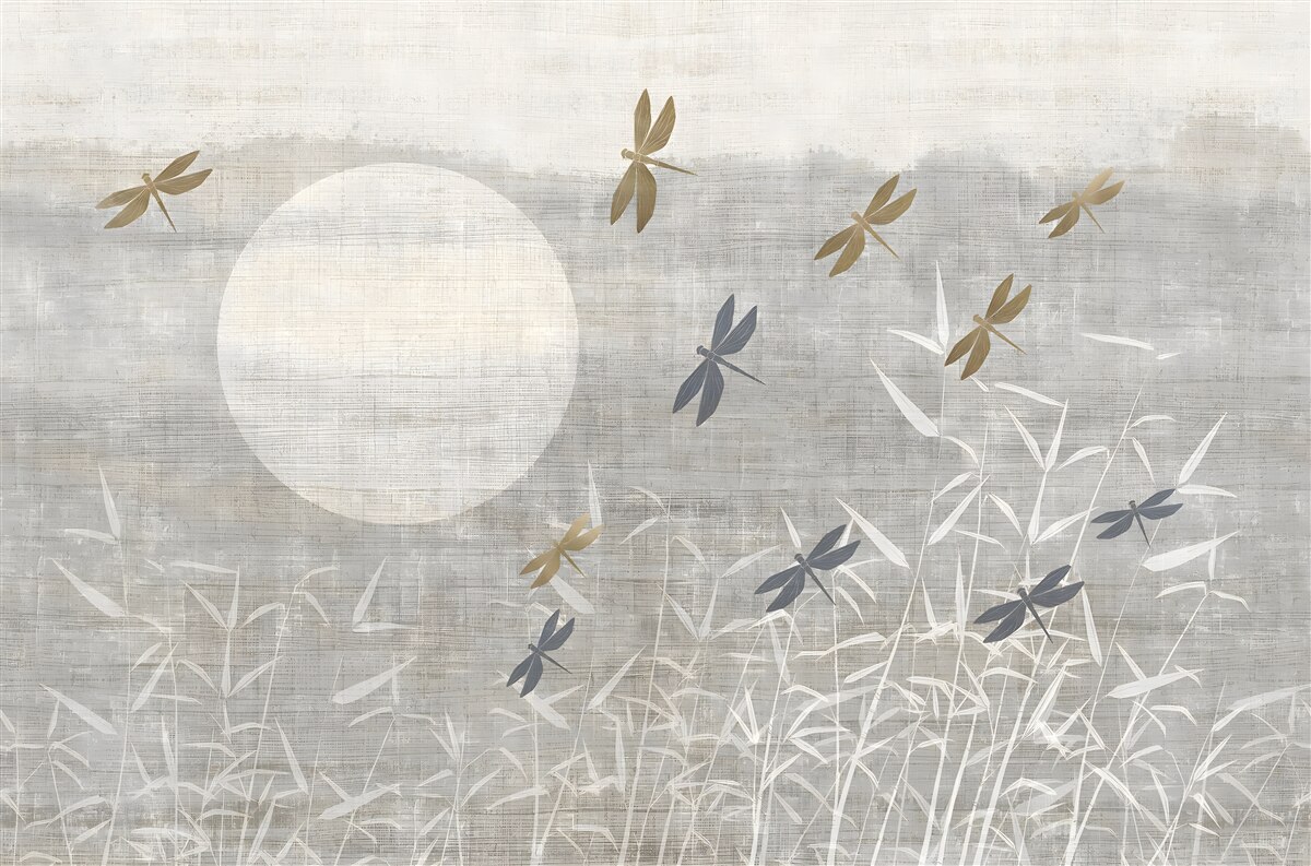 Fotobehang libellen vliegen over het veld