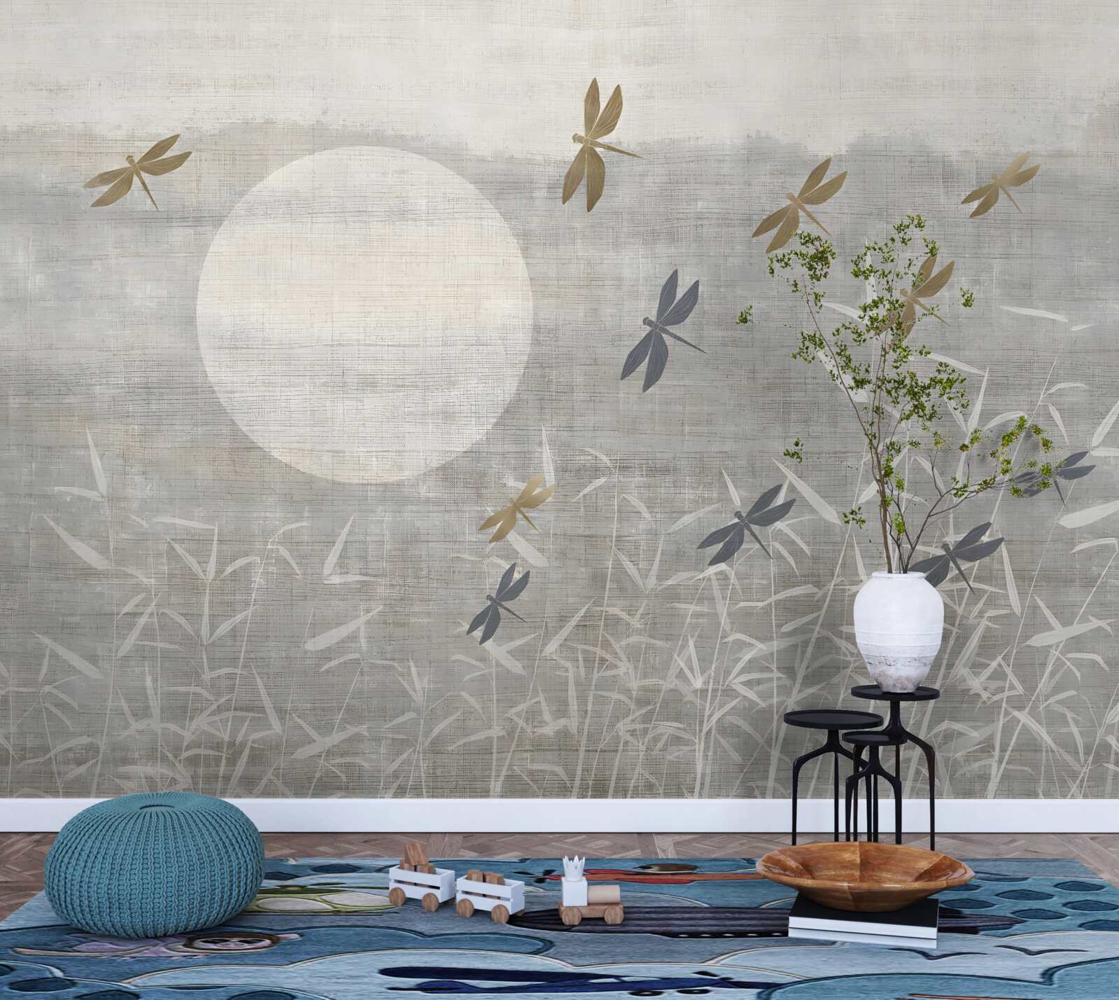 Fotobehang libellen vliegen over het veld