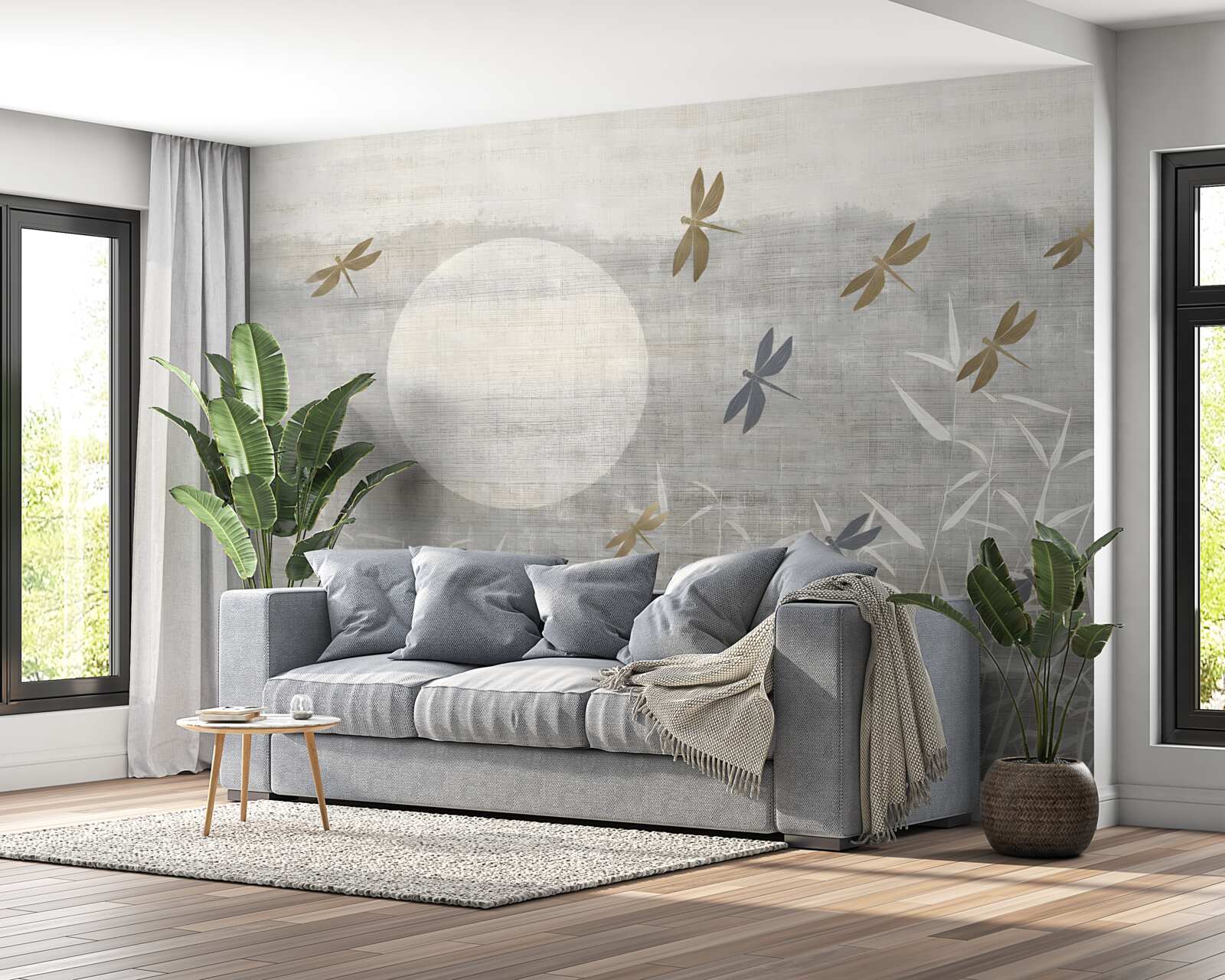 Fotobehang libellen vliegen over het veld