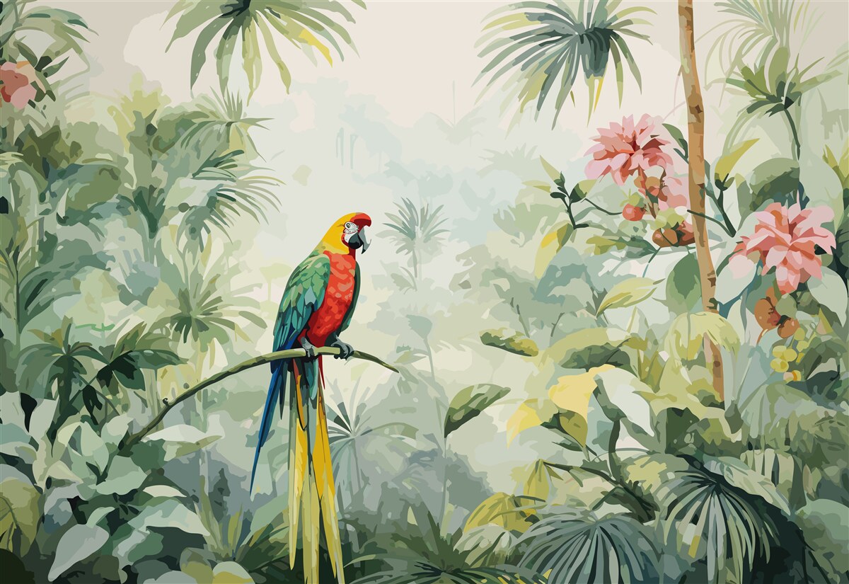 Fotobehang weelderige smaragdgroene struiken en een papegaai