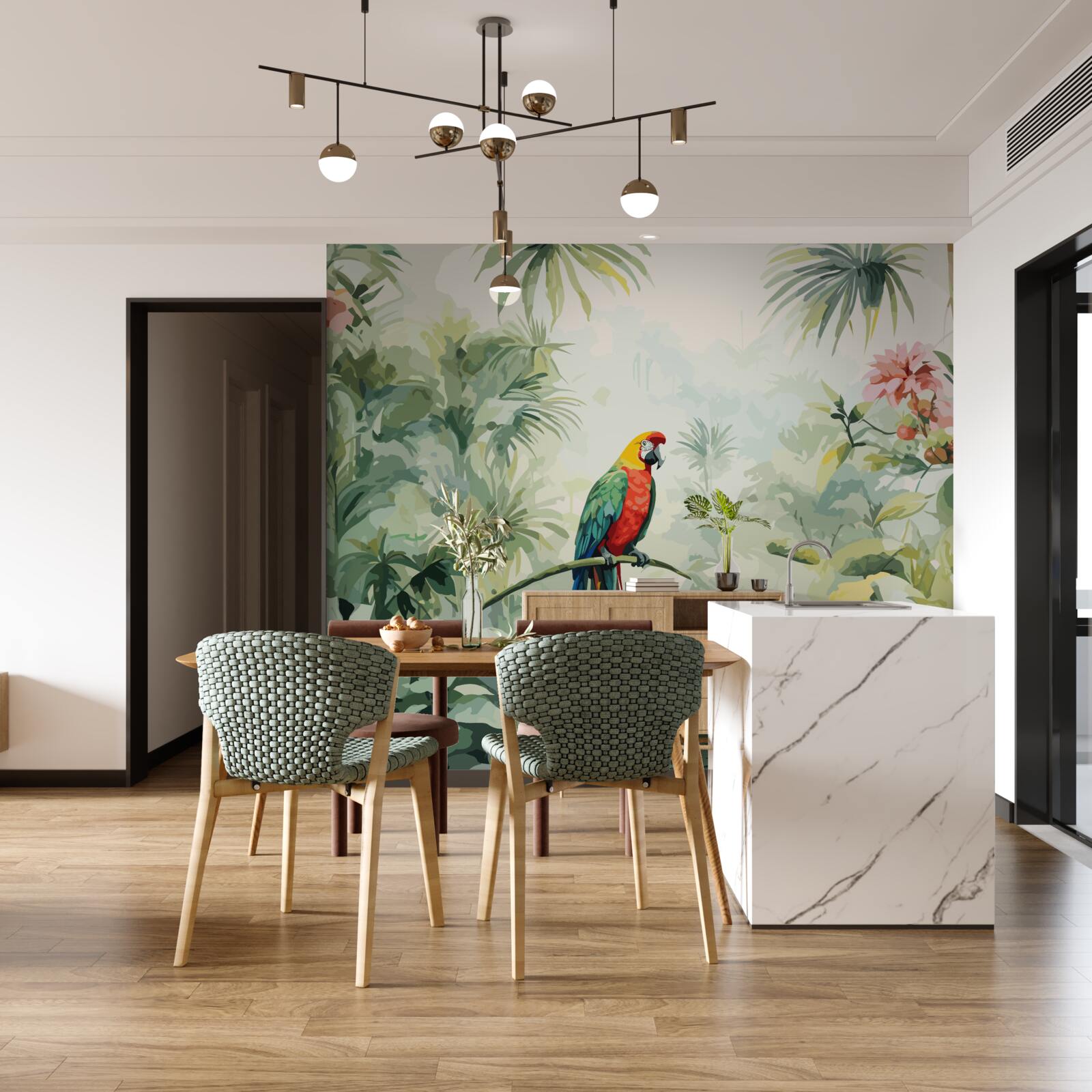 Fotobehang weelderige smaragdgroene struiken en een papegaai