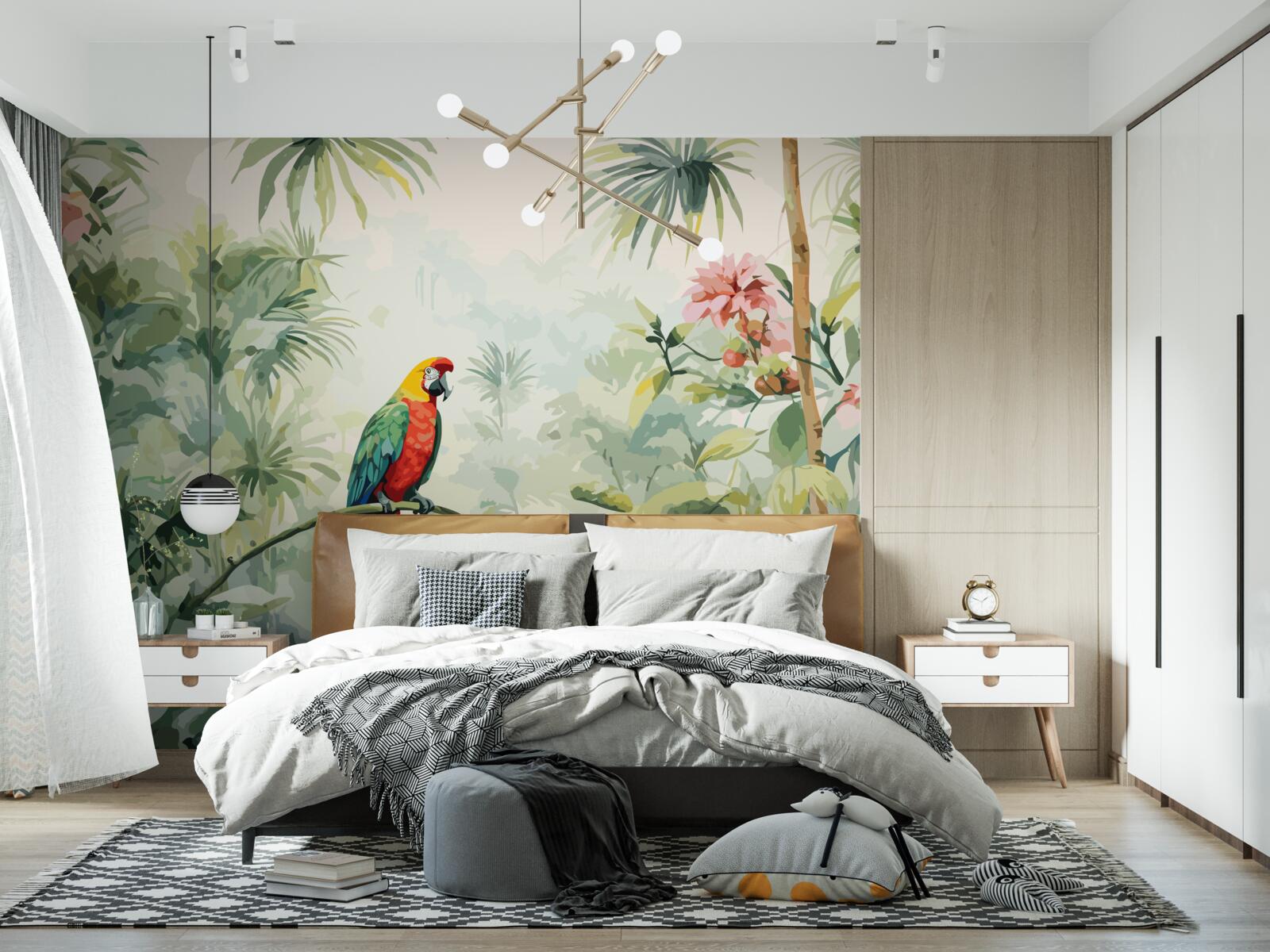 Fotobehang weelderige smaragdgroene struiken en een papegaai