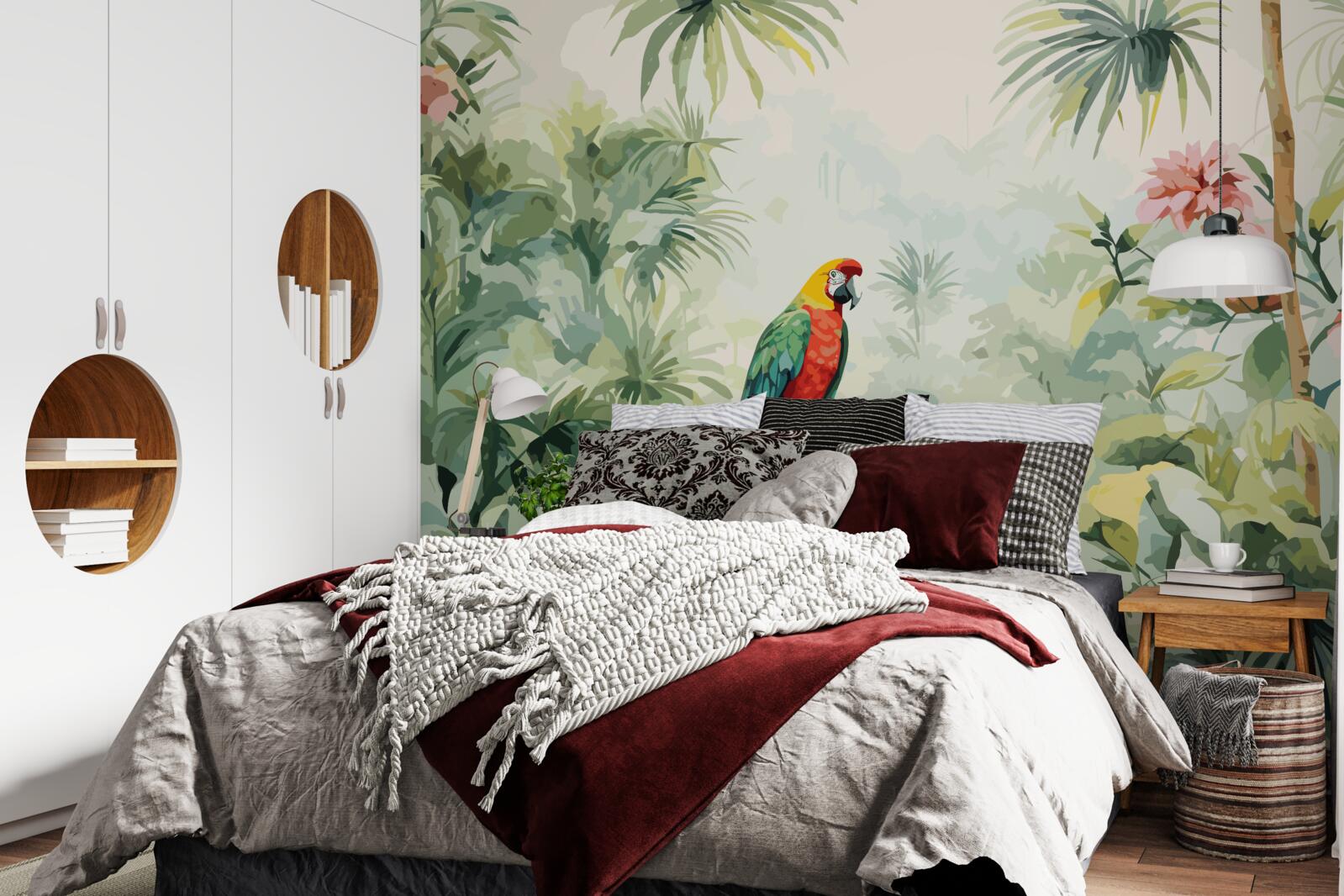 Fotobehang weelderige smaragdgroene struiken en een papegaai