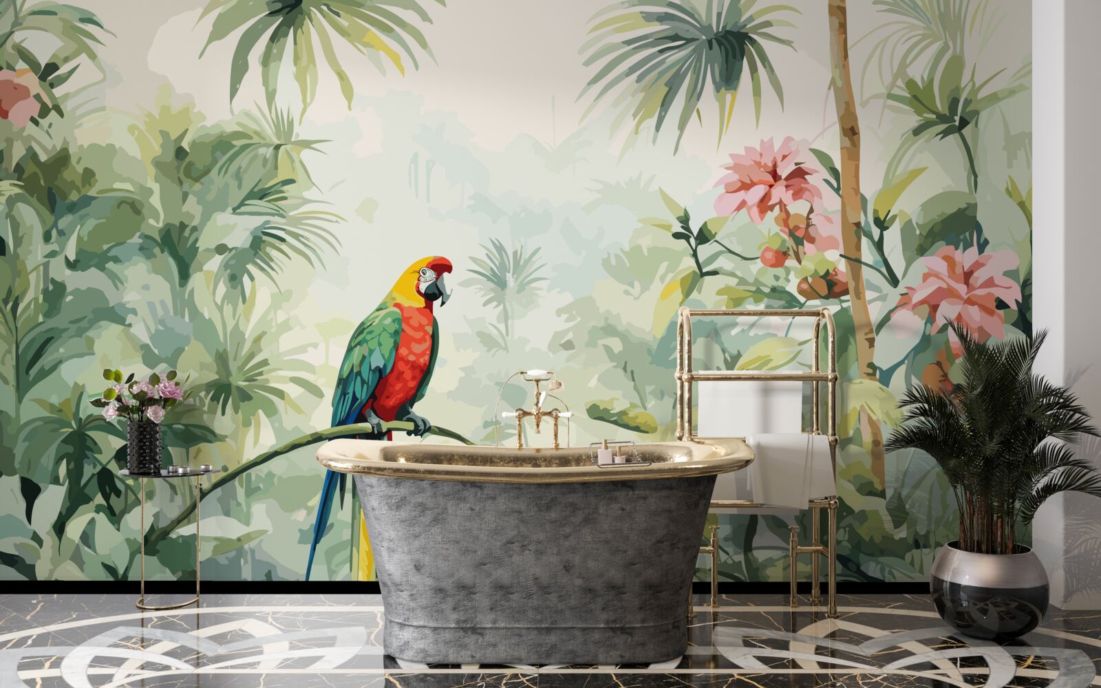 Fotobehang weelderige smaragdgroene struiken en een papegaai