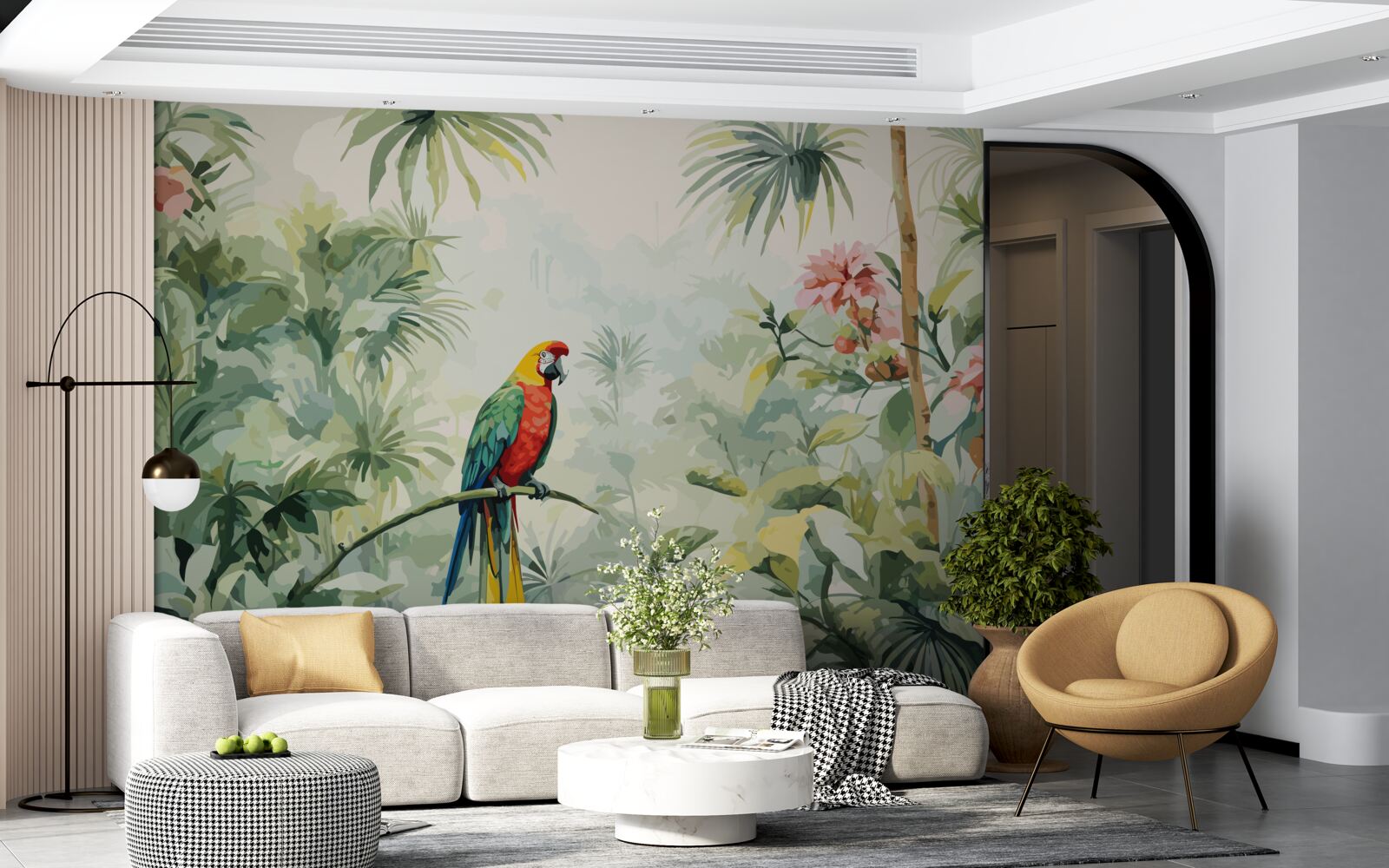 Fotobehang weelderige smaragdgroene struiken en een papegaai