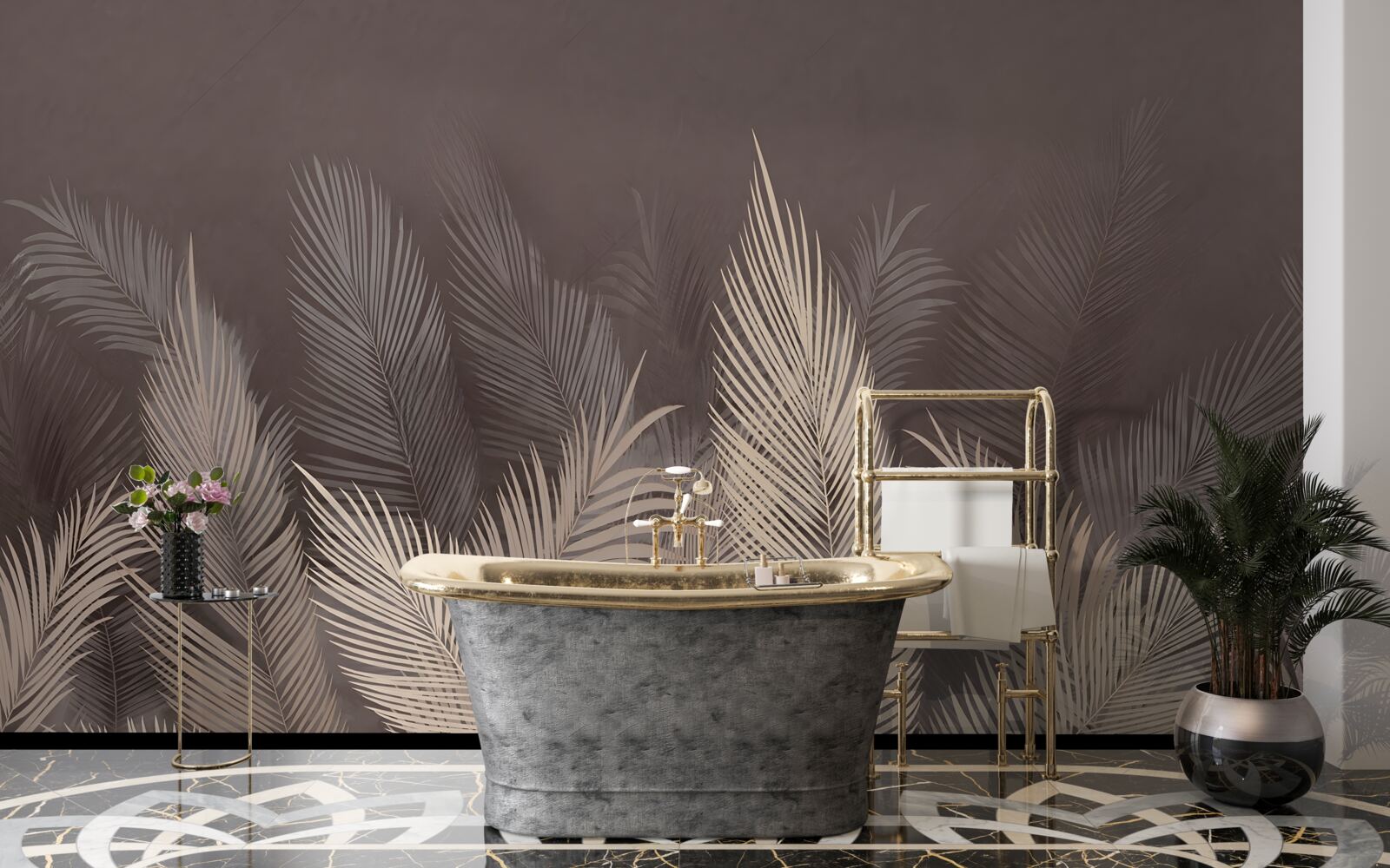 Fotobehang weelderig groene varens in de avond