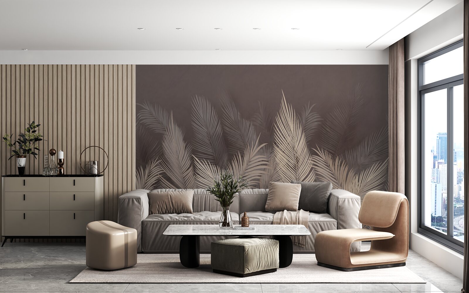 Fotobehang weelderig groene varens in de avond