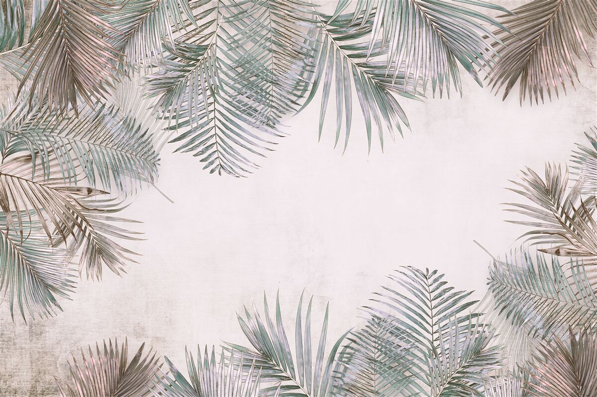 Fotobehang weelderige varenbladeren op een grijze achtergrond