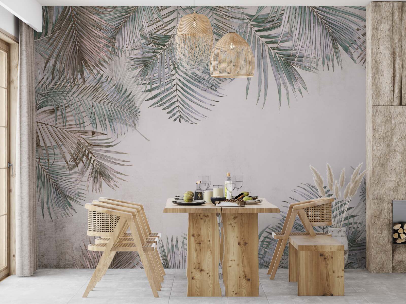 Fotobehang weelderige varenbladeren op een grijze achtergrond