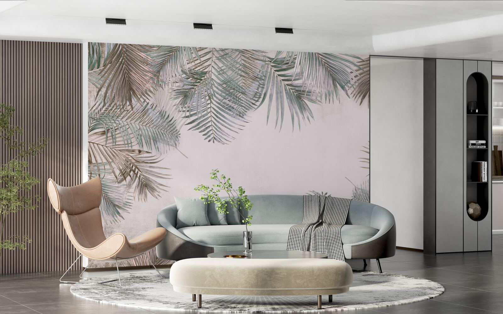 Fotobehang weelderige varenbladeren op een grijze achtergrond