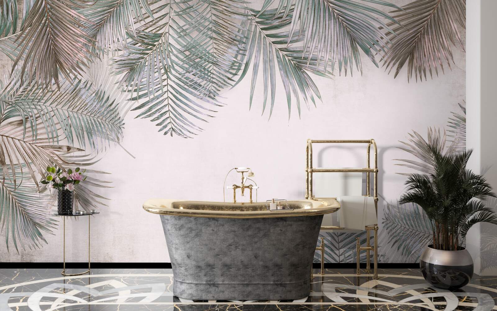 Fotobehang weelderige varenbladeren op een grijze achtergrond