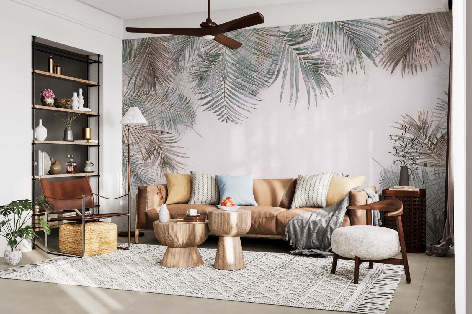 Fotobehang weelderige varenbladeren op een grijze achtergrond