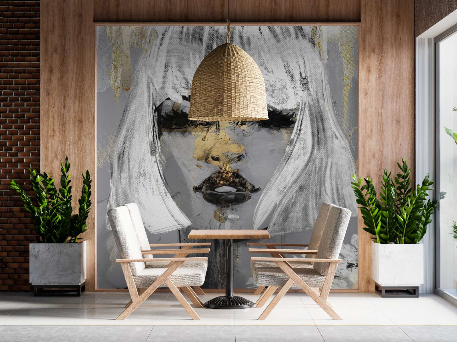 Fotobehang beeld van een meisje met wit haar in een abstracte stijl