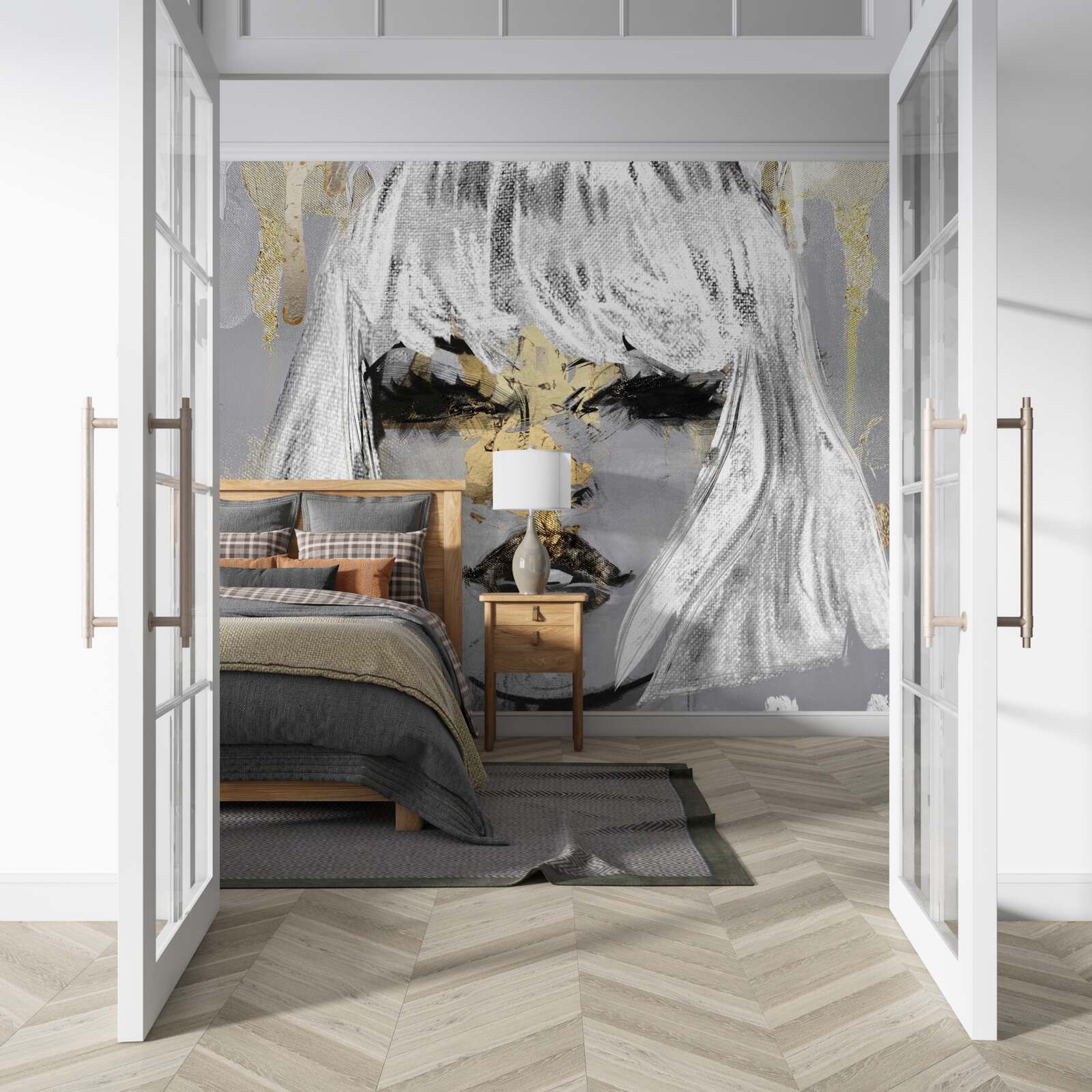 Fotobehang beeld van een meisje met wit haar in een abstracte stijl