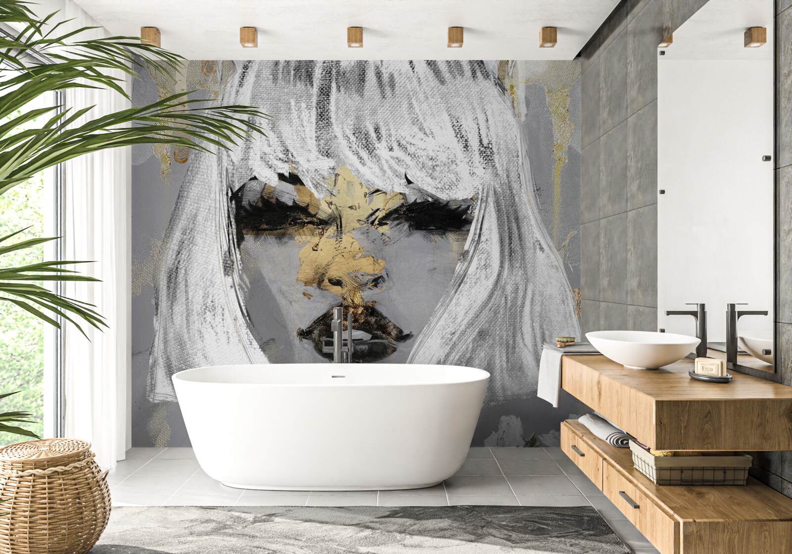 Fotobehang beeld van een meisje met wit haar in een abstracte stijl