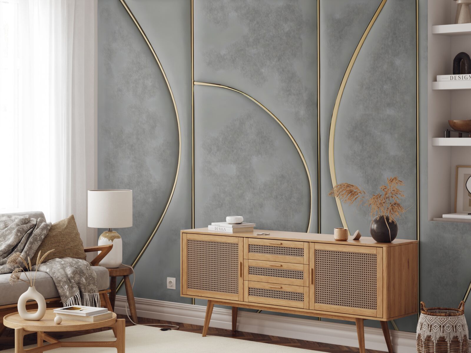 Fotobehang grijze textuur met gouden lijnen