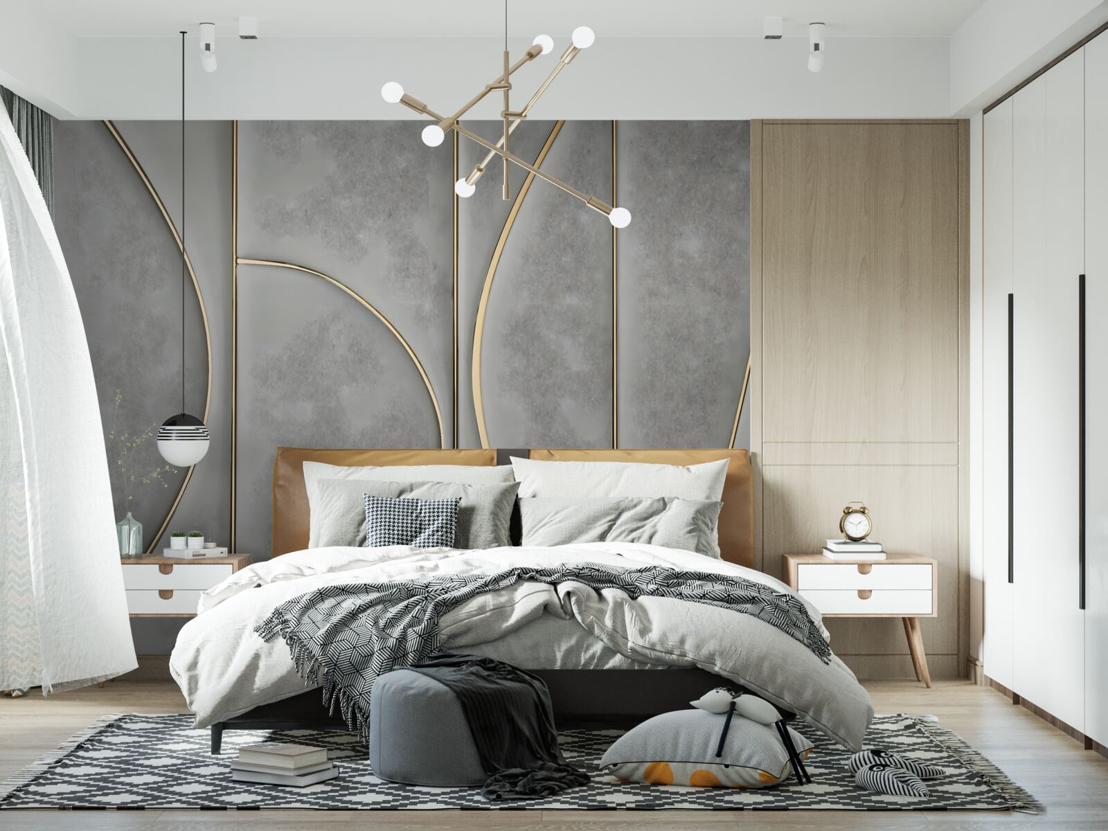 Fotobehang grijze textuur met gouden lijnen