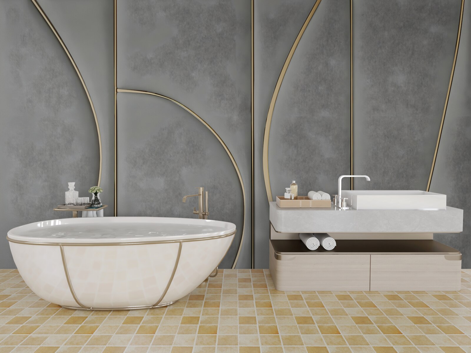 Fotobehang grijze textuur met gouden lijnen