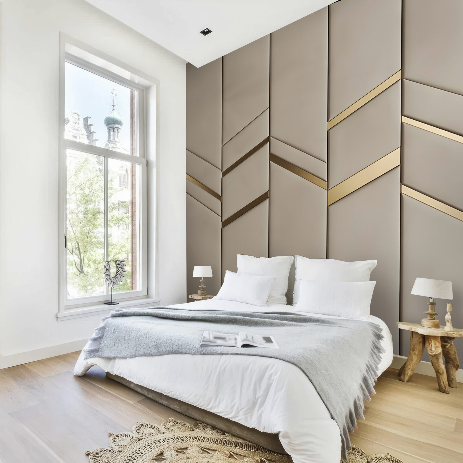 Fotobehang gouddeling op licht hout