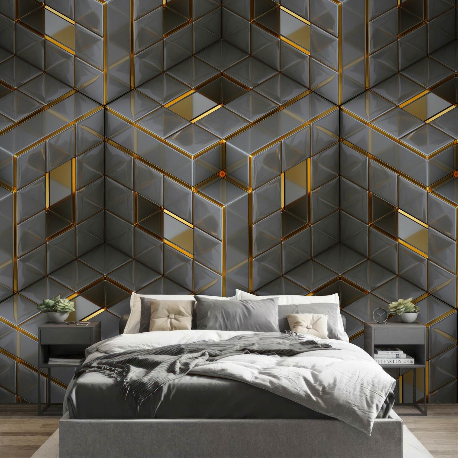 Fotobehang 3D kubussen met gouden elementen