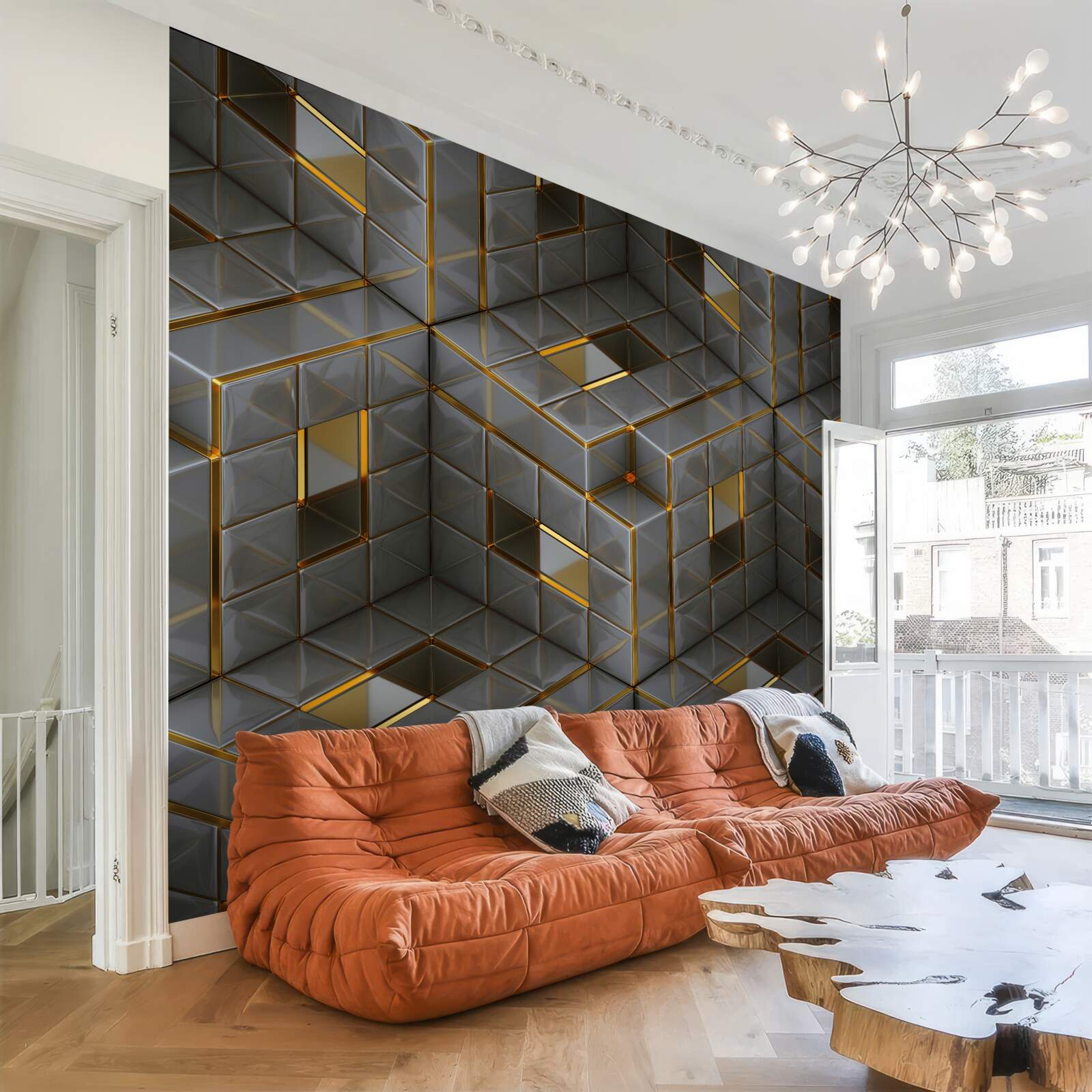Fotobehang 3D kubussen met gouden elementen