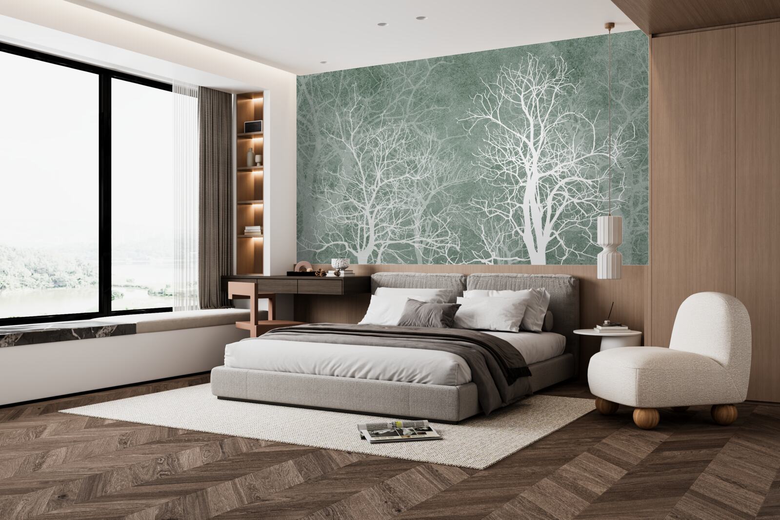 Fotobehang bomen in een sneeuwwitte versiering tegen de nachtelijke hemel