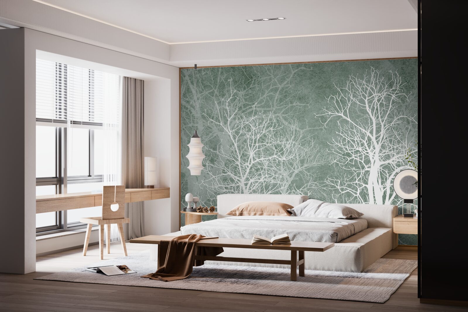 Fotobehang bomen in een sneeuwwitte versiering tegen de nachtelijke hemel