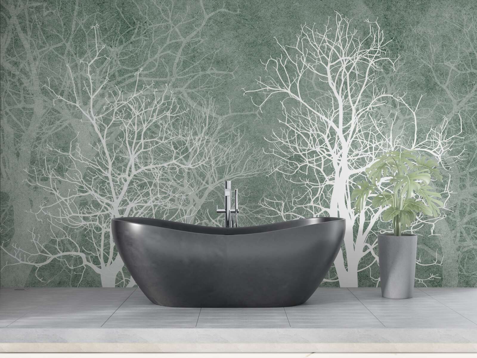 Fotobehang bomen in een sneeuwwitte versiering tegen de nachtelijke hemel