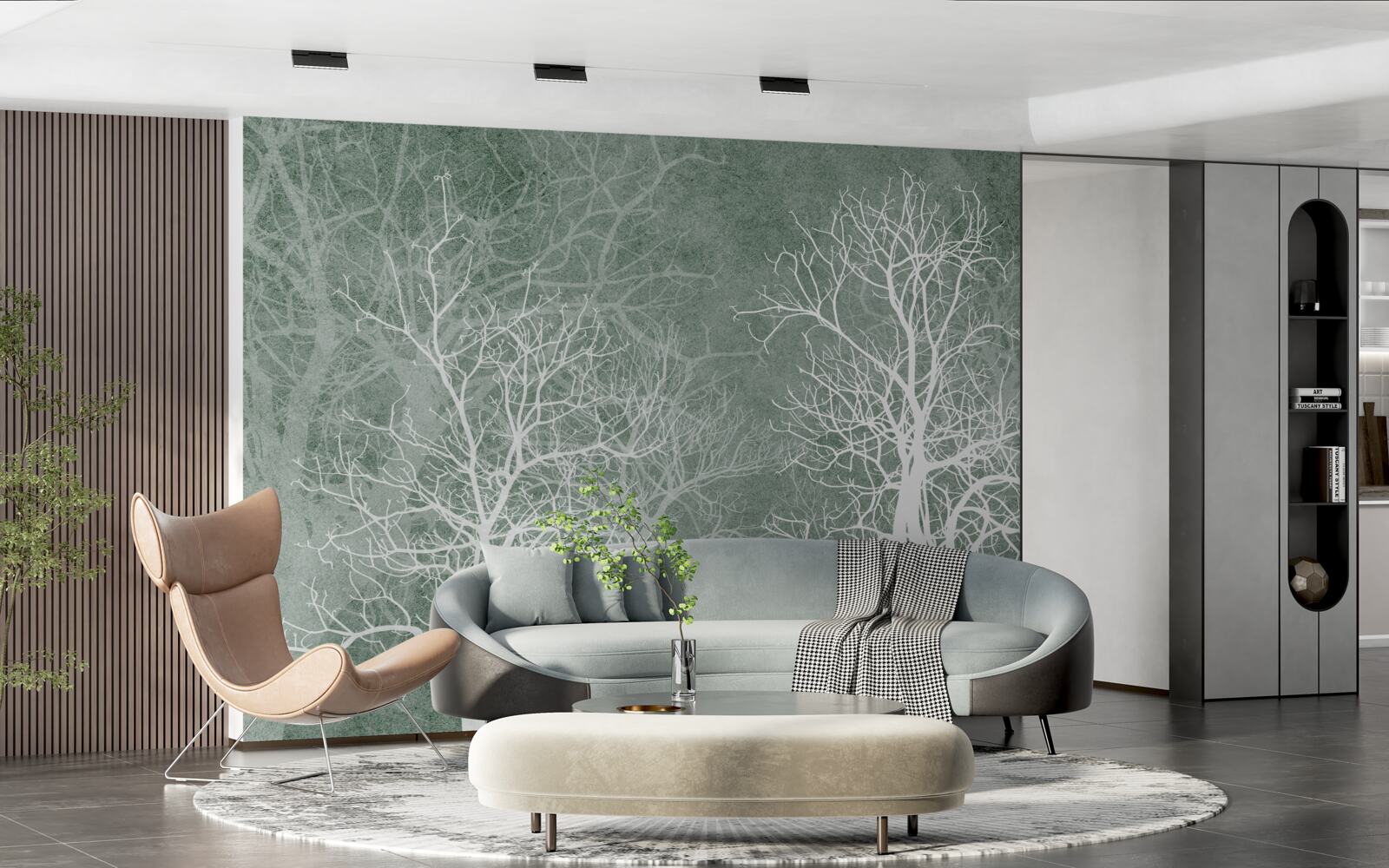 Fotobehang bomen in een sneeuwwitte versiering tegen de nachtelijke hemel