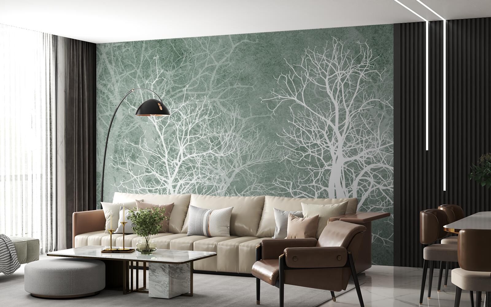 Fotobehang bomen in een sneeuwwitte versiering tegen de nachtelijke hemel