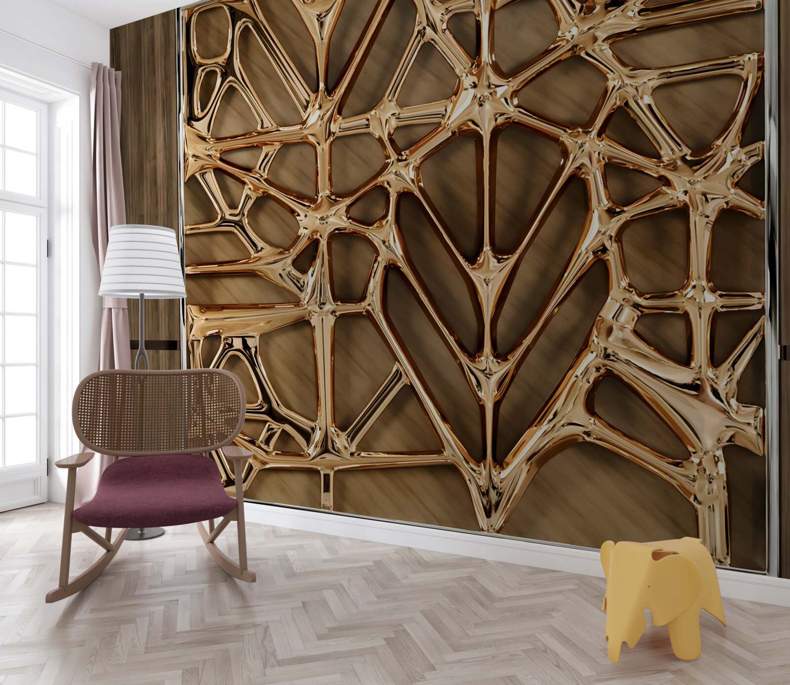 Fotobehang abstracte gouden lijnen op een houten oppervlak