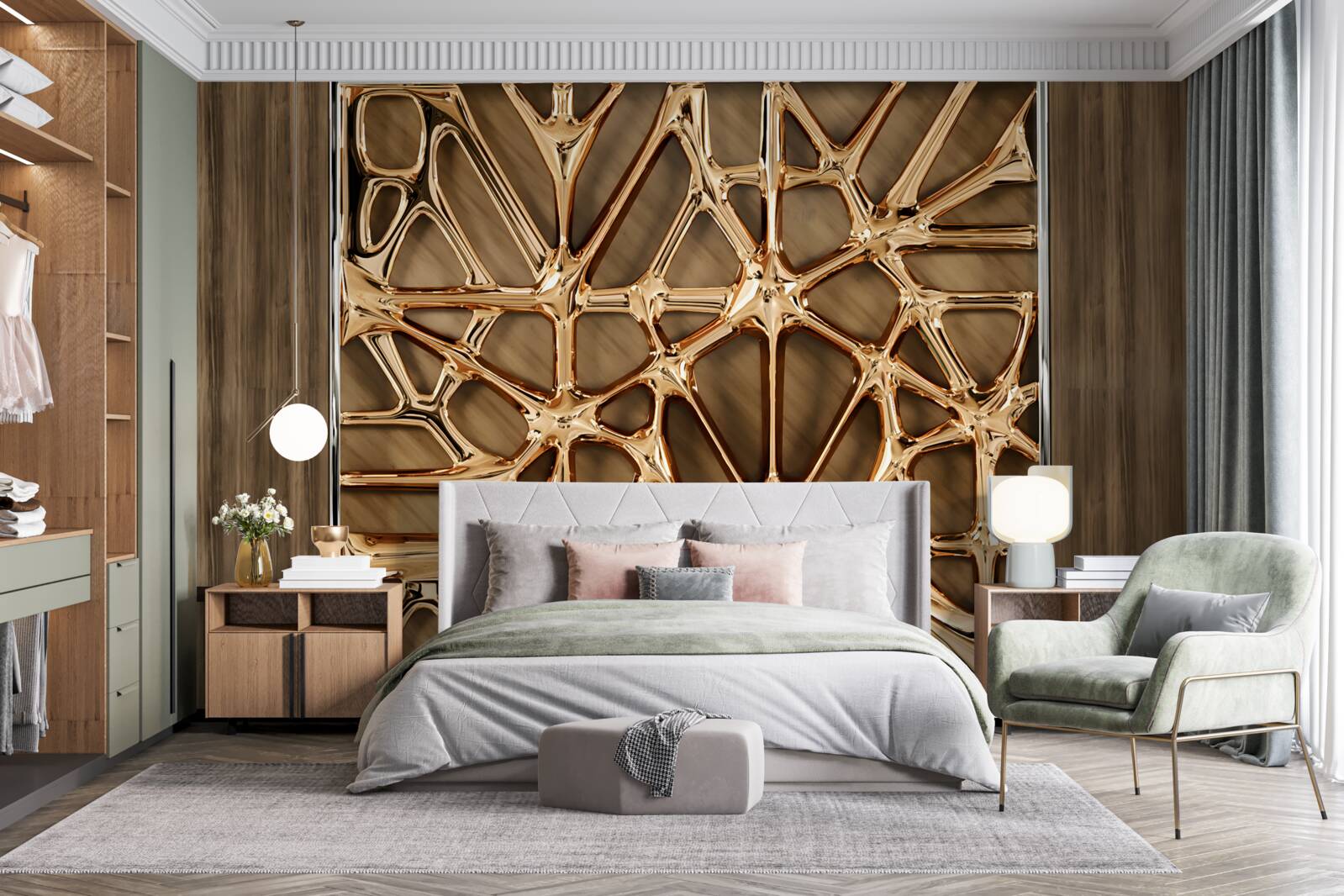 Fotobehang abstracte gouden lijnen op een houten oppervlak
