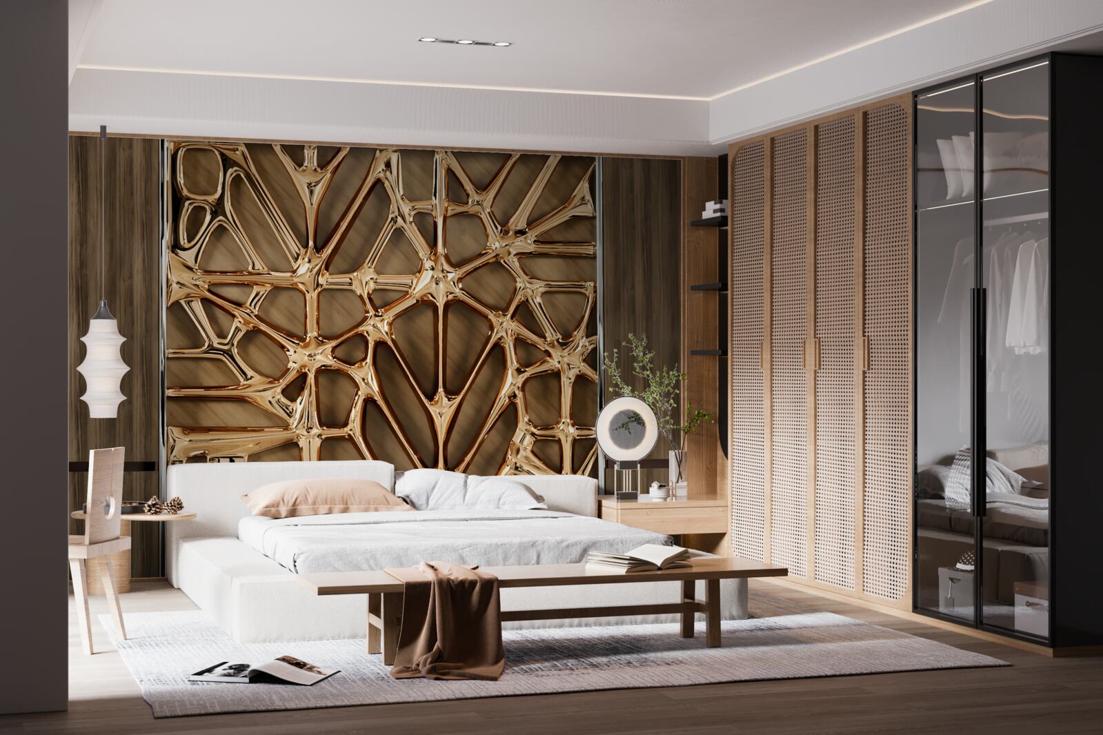 Fotobehang abstracte gouden lijnen op een houten oppervlak