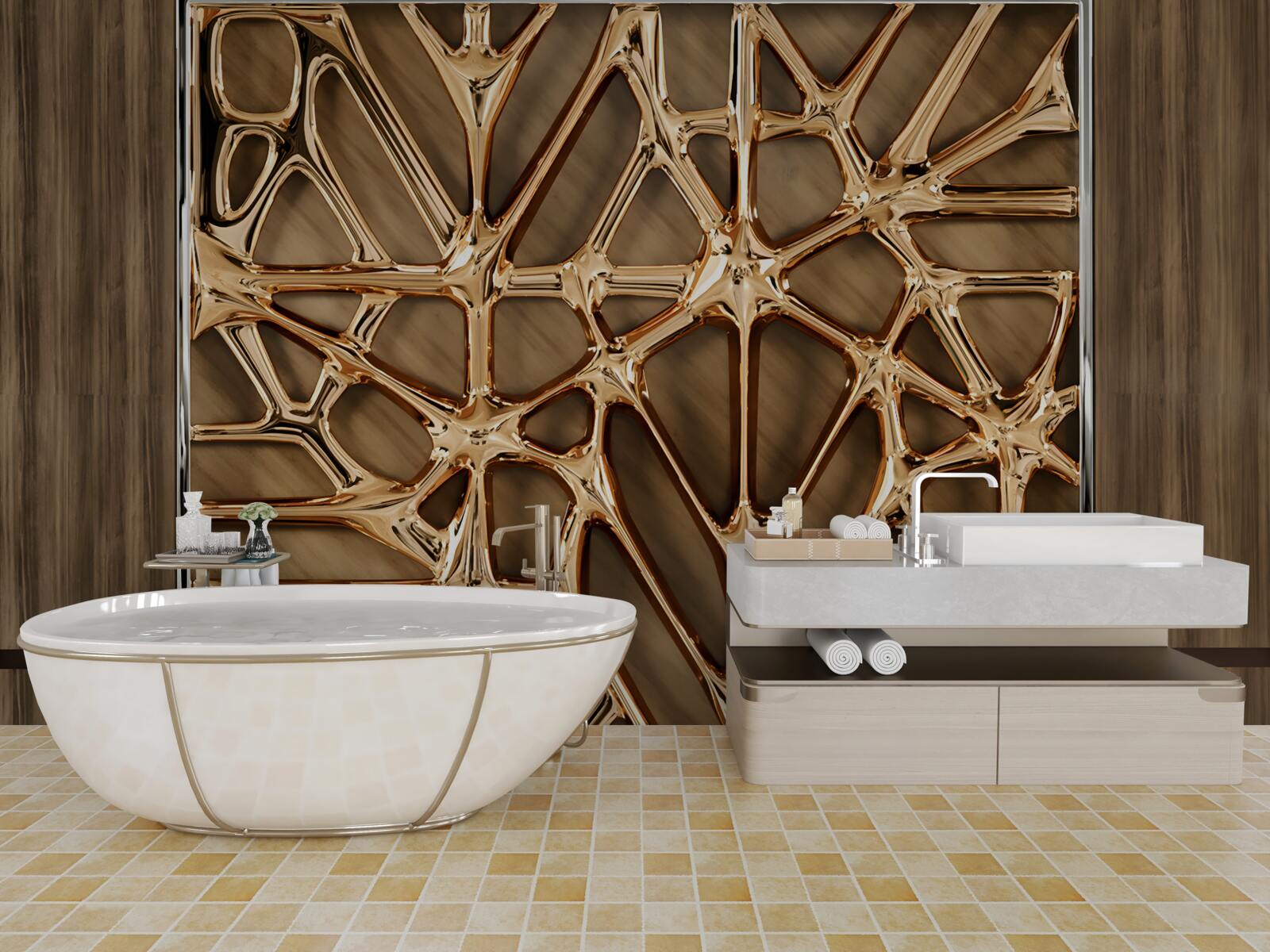 Fotobehang abstracte gouden lijnen op een houten oppervlak