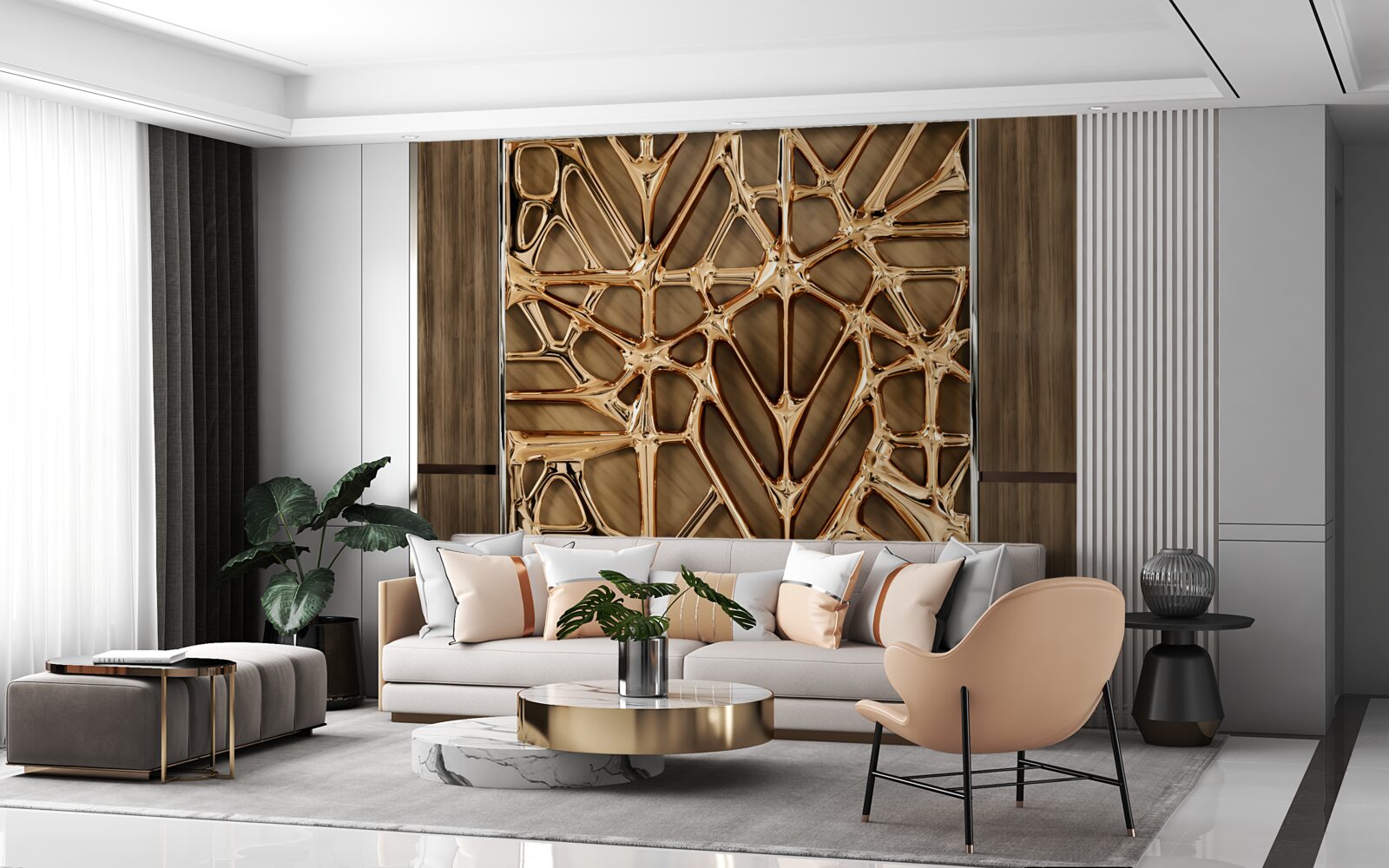 Fotobehang abstracte gouden lijnen op een houten oppervlak