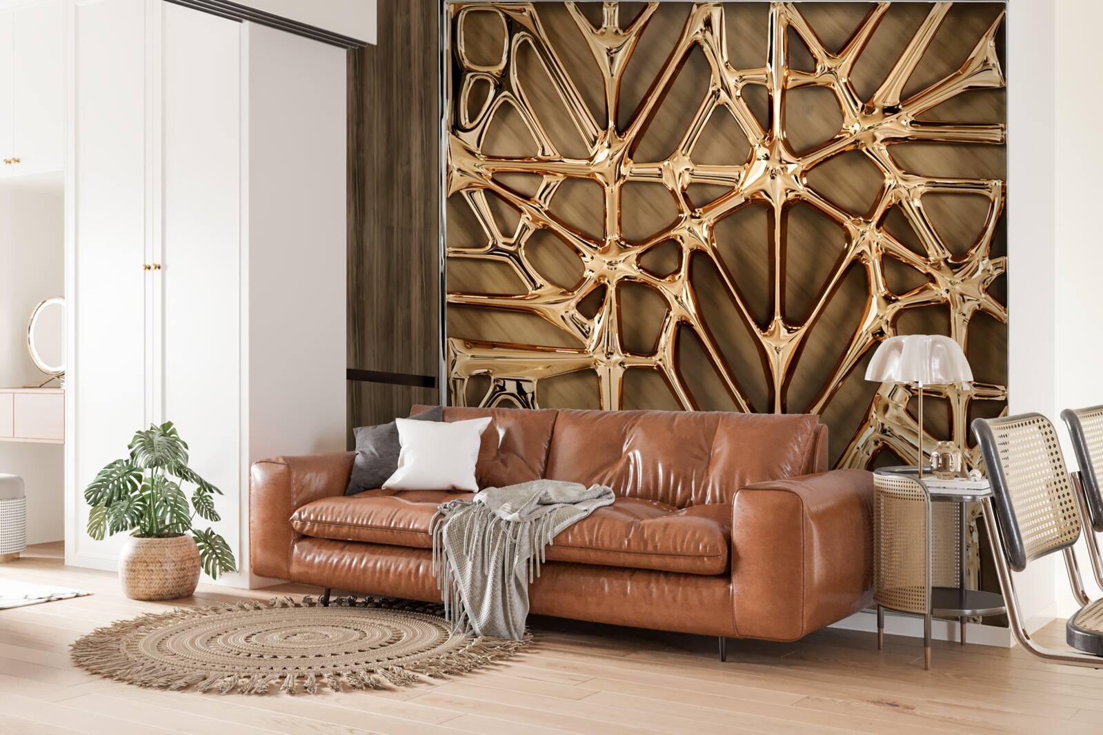 Fotobehang abstracte gouden lijnen op een houten oppervlak