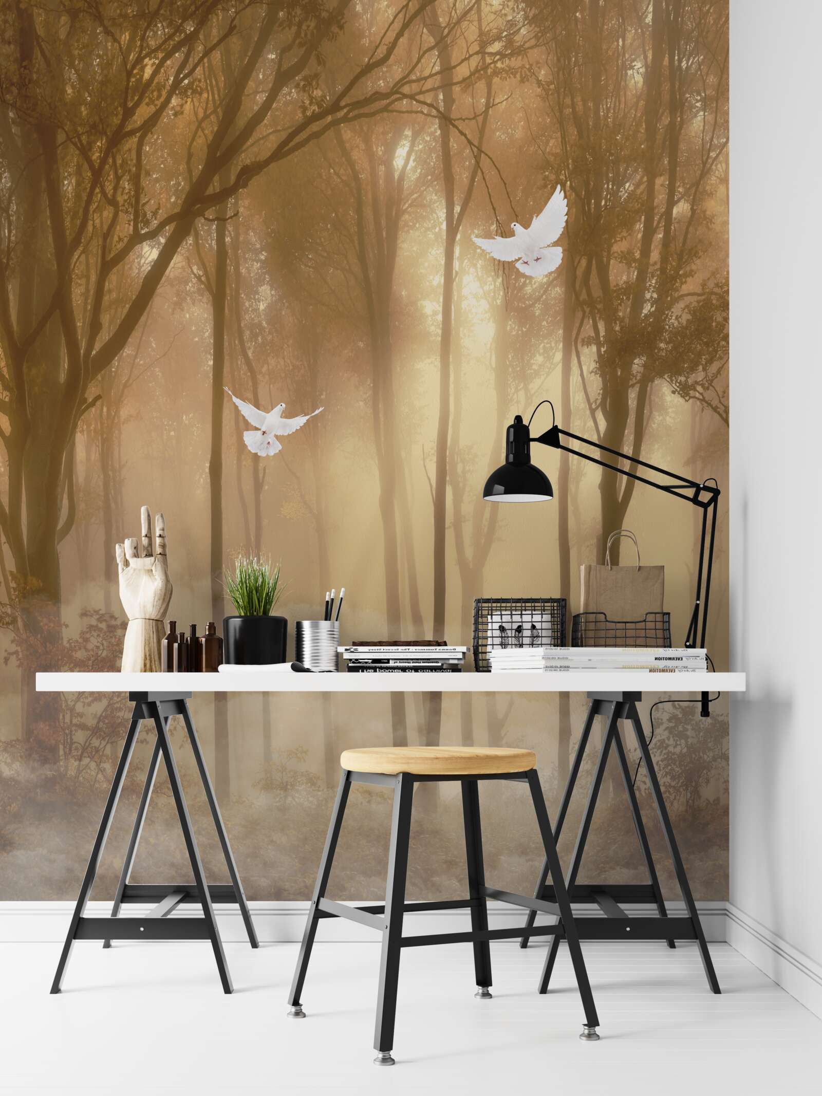 Fotobehang vliegende duiven snijden door de mistige bedekking