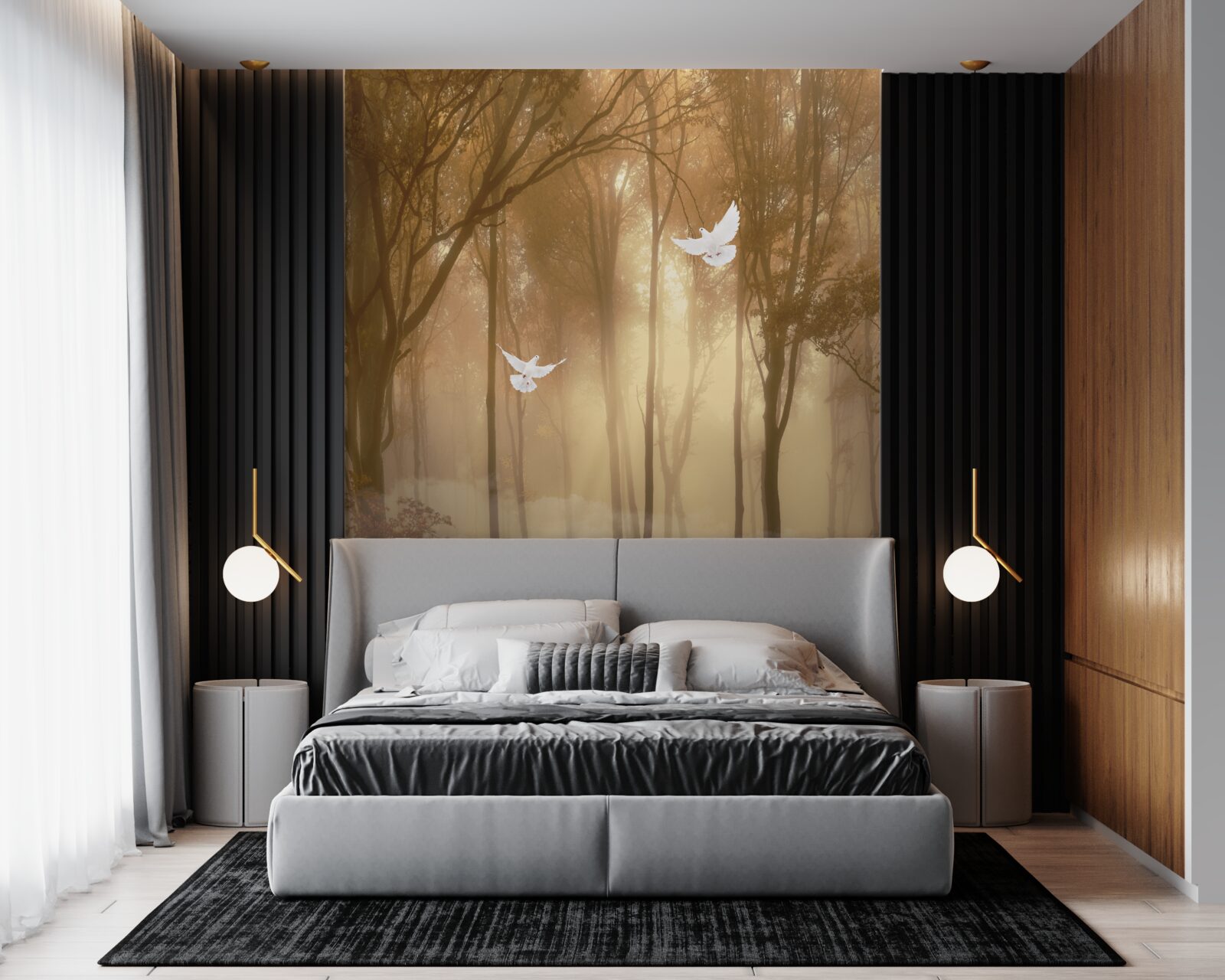 Fotobehang vliegende duiven snijden door de mistige bedekking