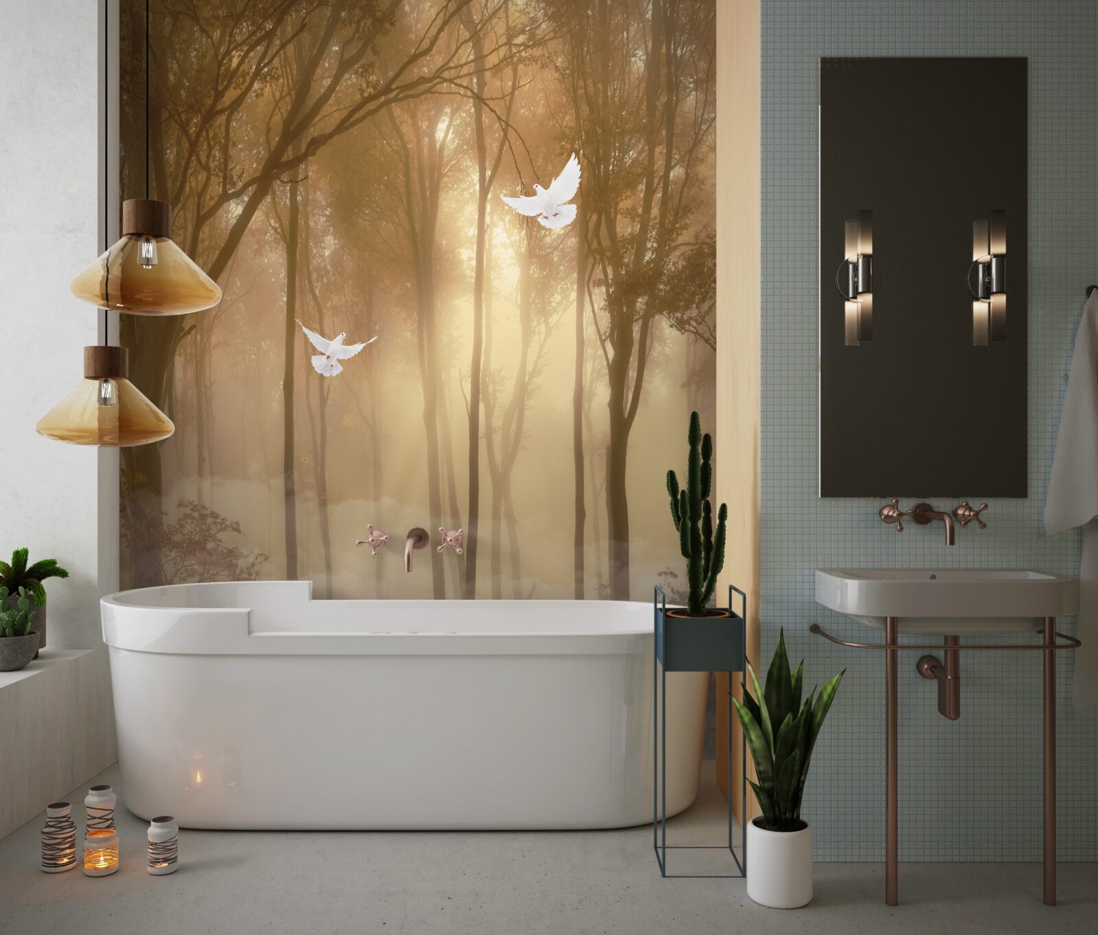 Fotobehang vliegende duiven snijden door de mistige bedekking