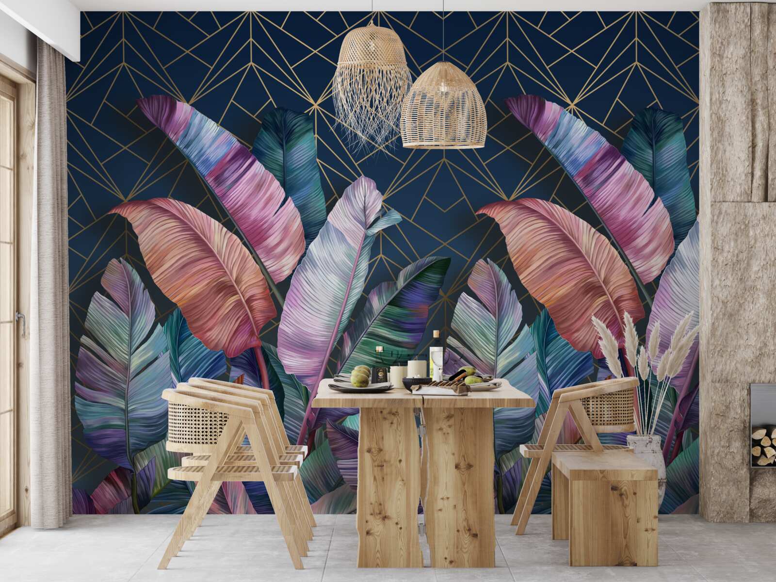 Fotobehang 's nachts gloeien de varenbladeren helder