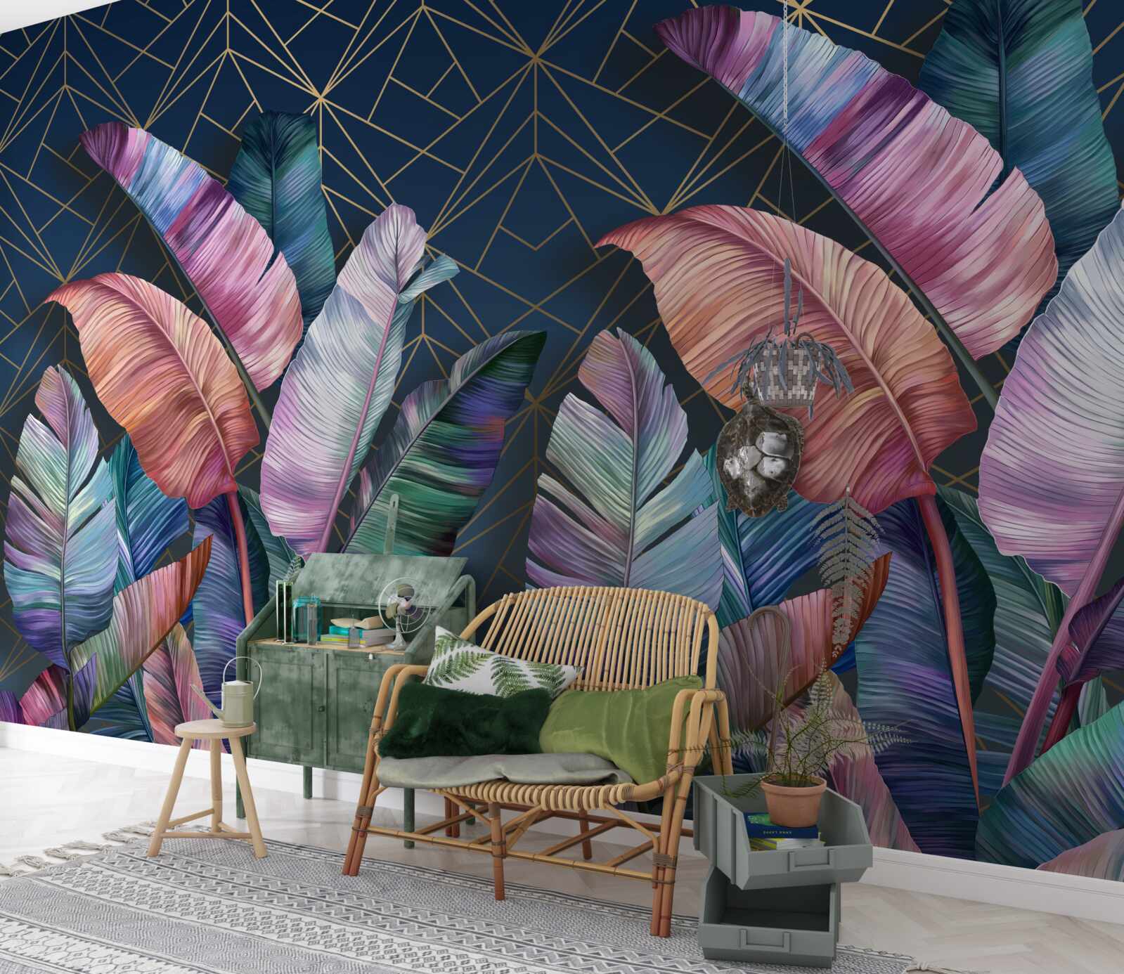 Fotobehang 's nachts gloeien de varenbladeren helder