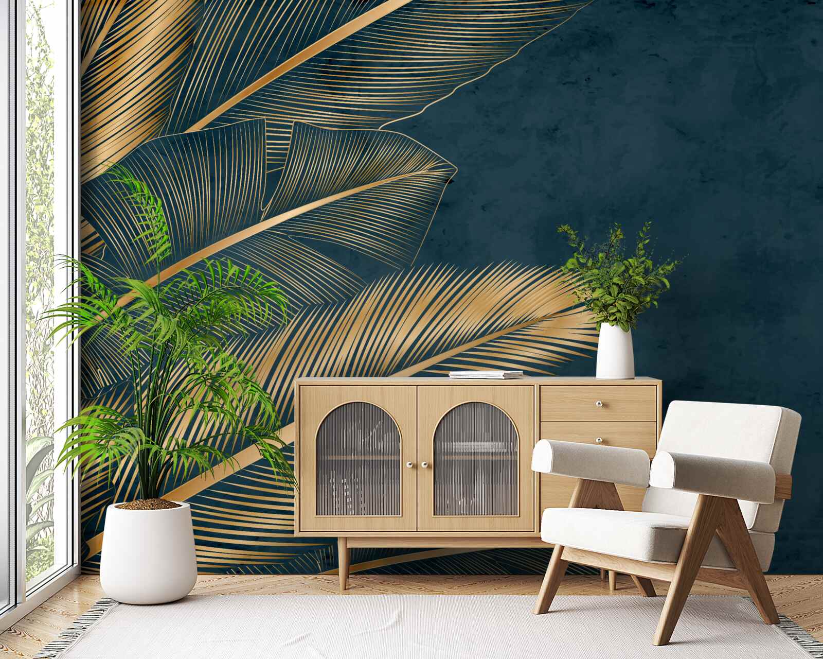 Fotobehang 's nachts glinsteren de varenbladeren van goud