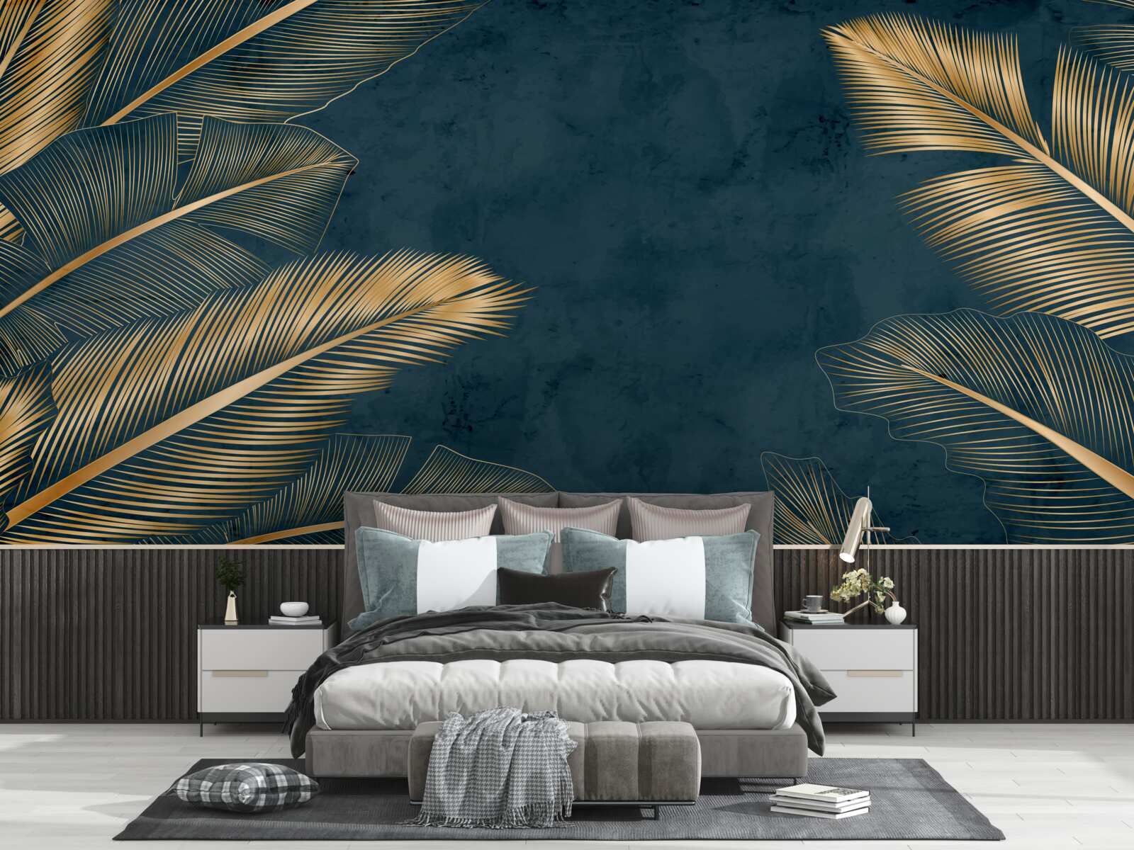 Fotobehang 's nachts glinsteren de varenbladeren van goud