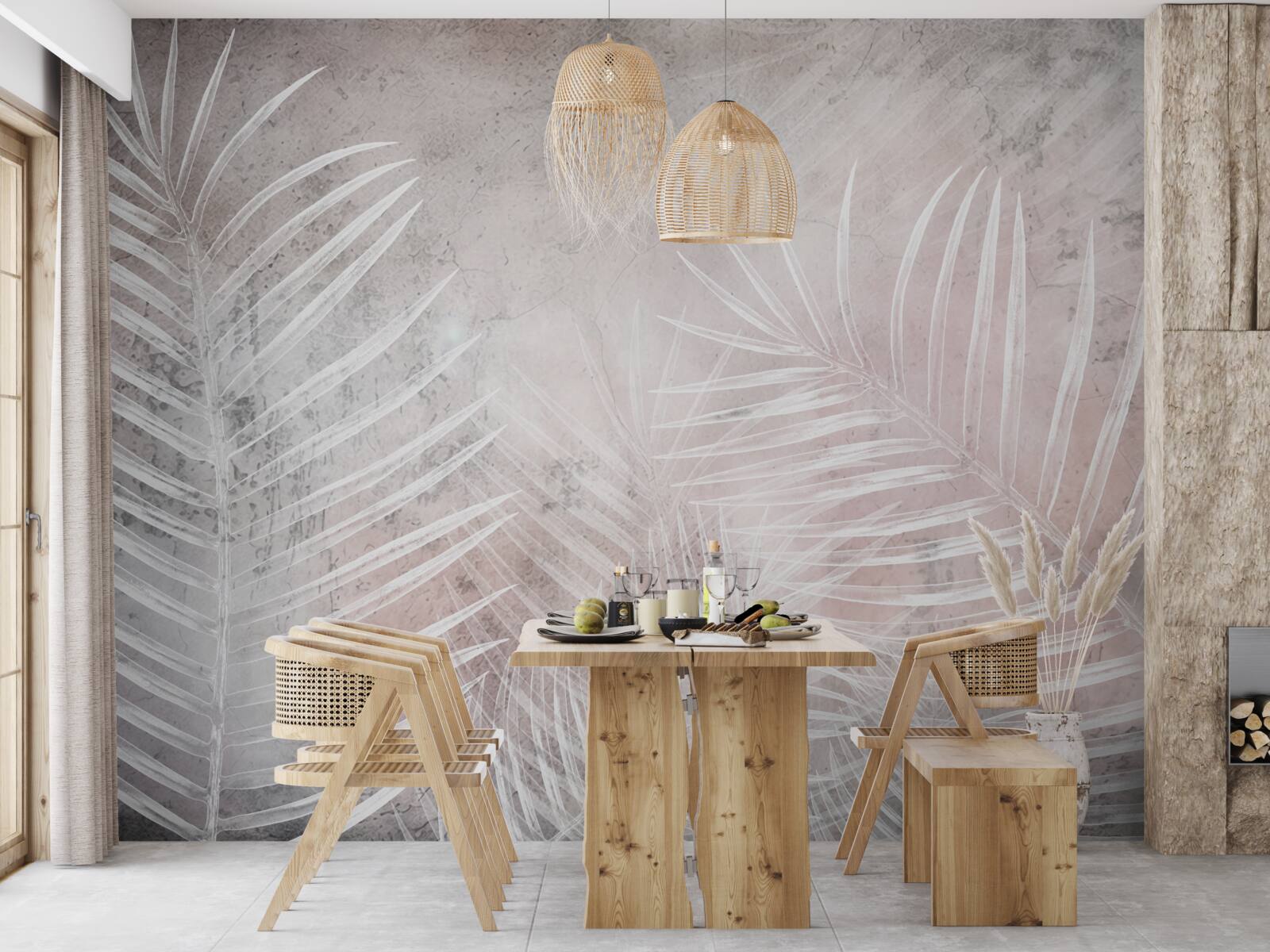 Fotobehang brede witte bladeren op een zachte achtergrond