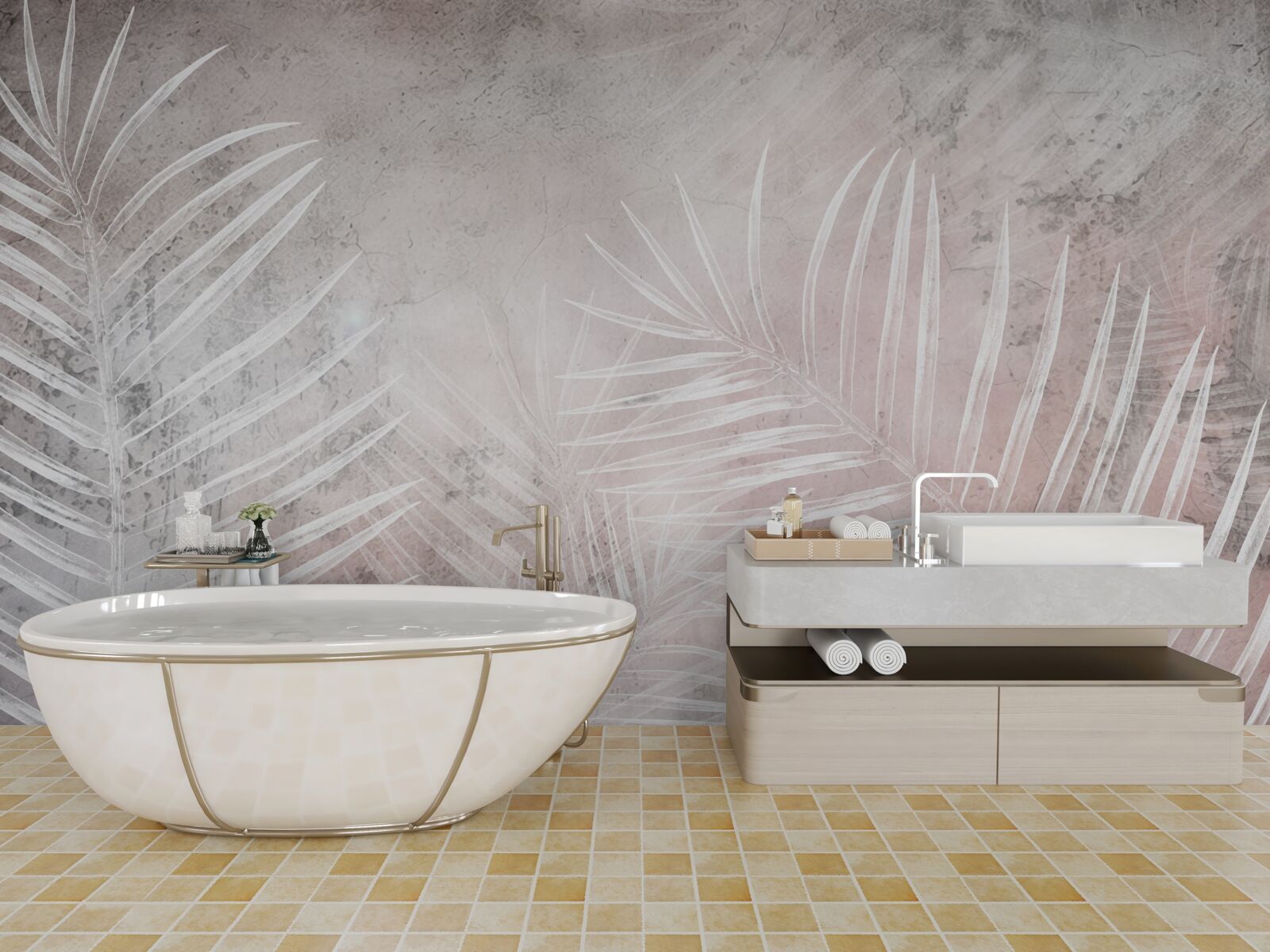 Fotobehang brede witte bladeren op een zachte achtergrond