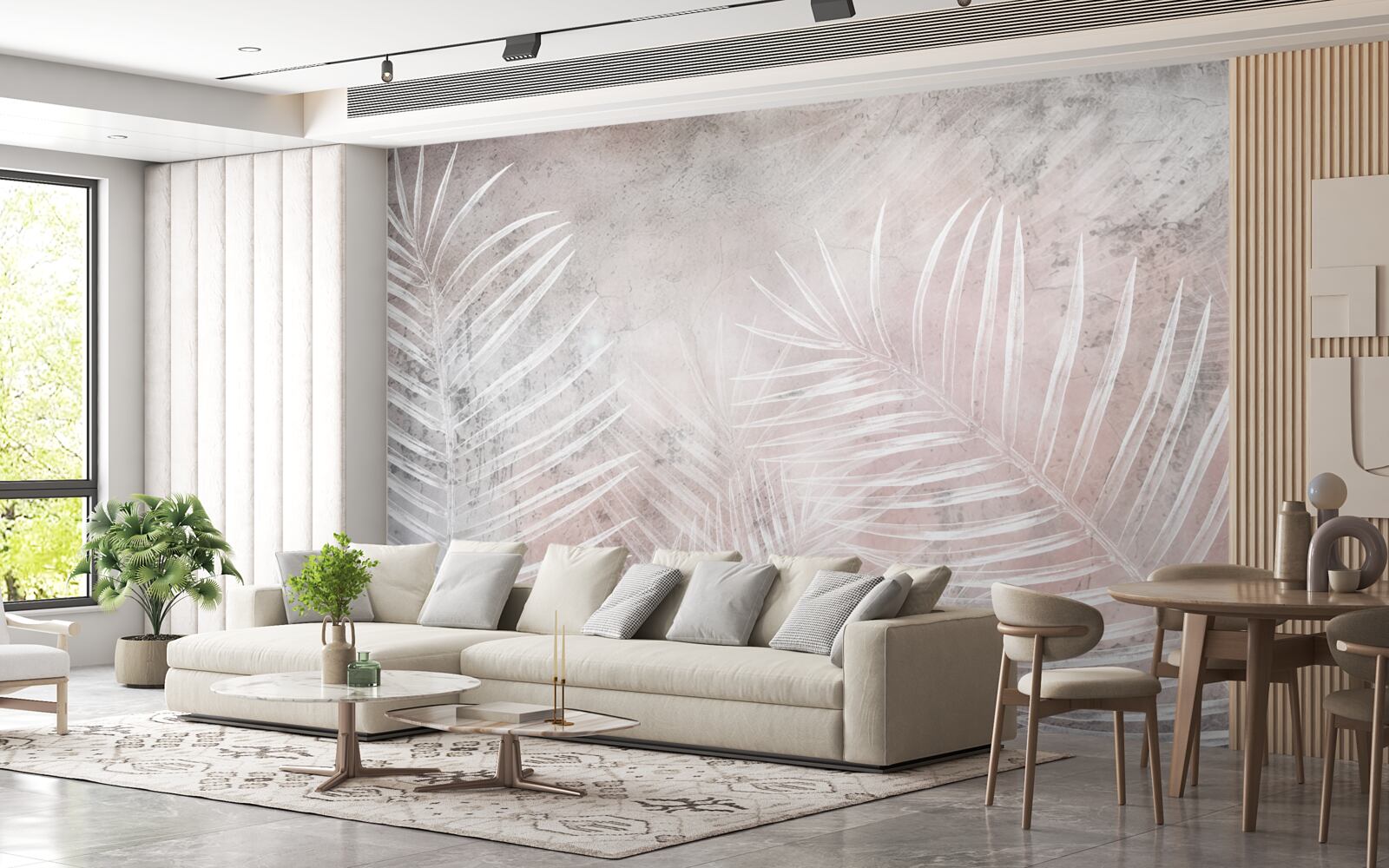 Fotobehang brede witte bladeren op een zachte achtergrond